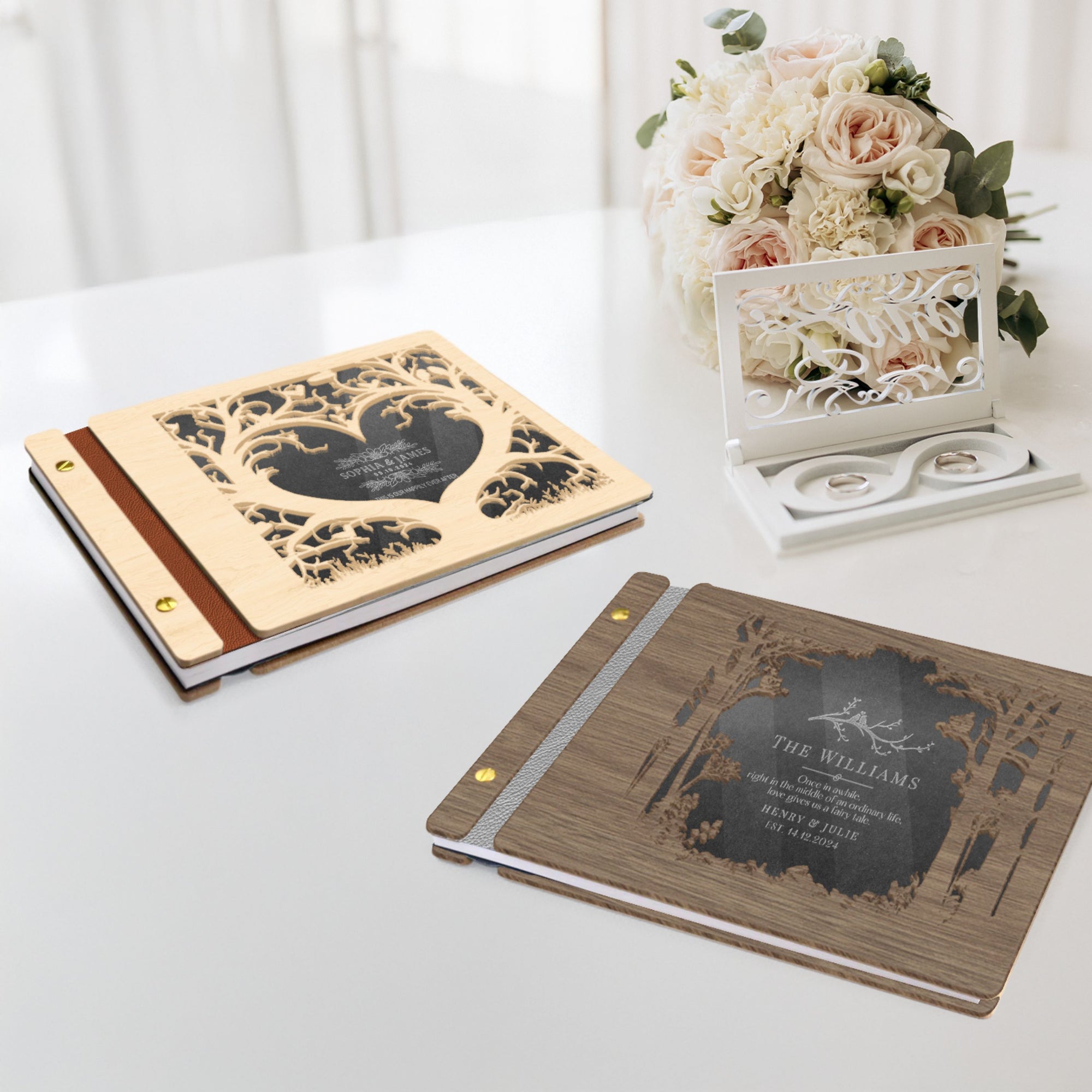 Custom Wooden Laser Cut Cover & Engraved Acrylic Wedding Guest Book, Personalised Traditional Pattern Guestbook Keepsake, Rustic Party Decor