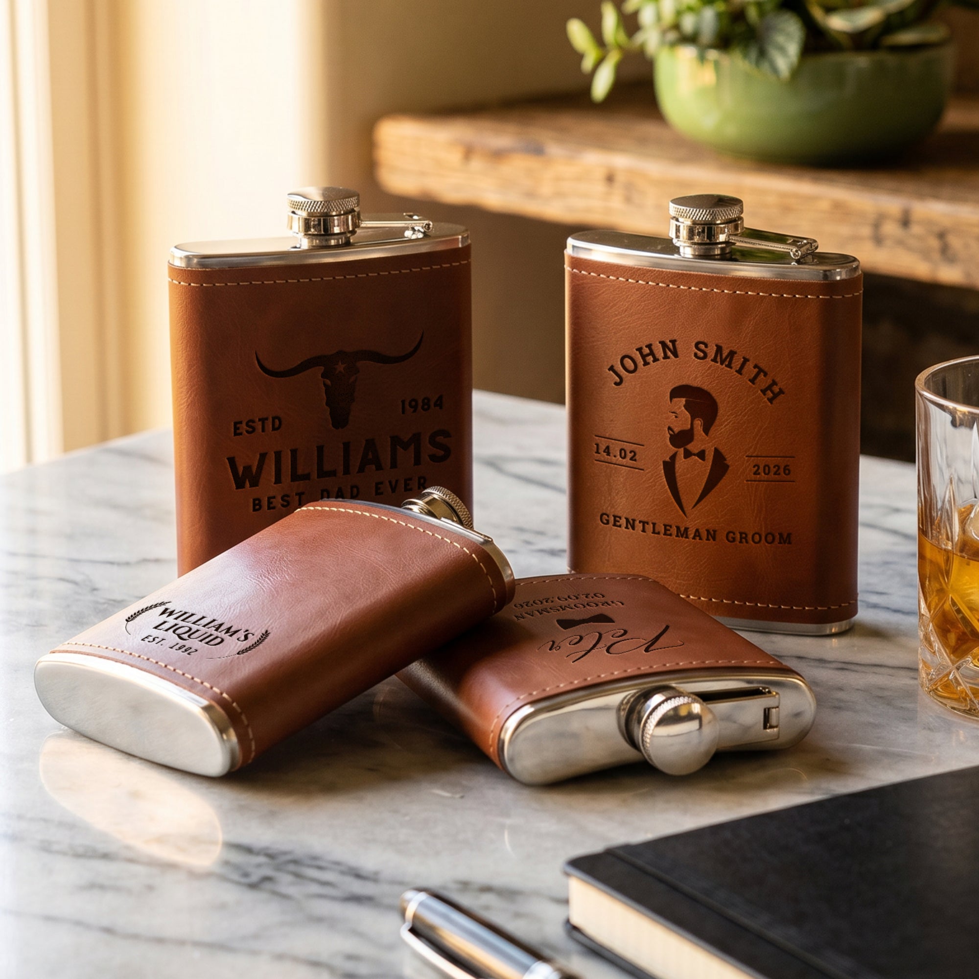Custom engraved 7oz hip flask gift set, personalised in Australia with name or logo. Includes shot glasses, funnel &amp; keepsake box. Great for Bestman, Groomsman Proposals, wedding gifts
