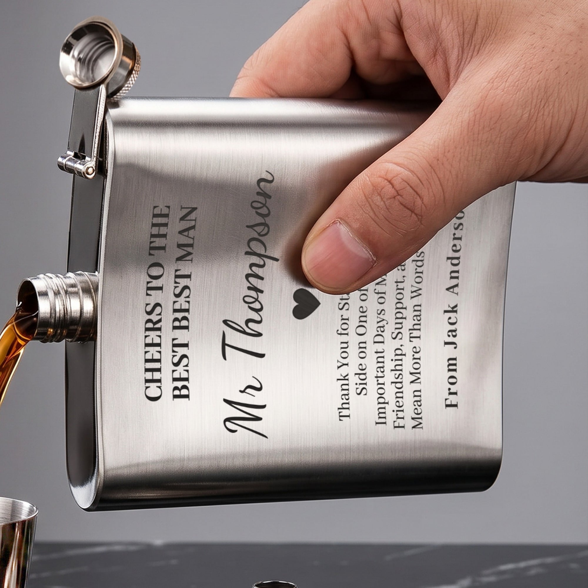 Custom engraved 7oz stainless steel hip flask, personalised with name, logo or message. Perfect Australian gift for groomsmen, Dad, weddings &amp; corporate events.