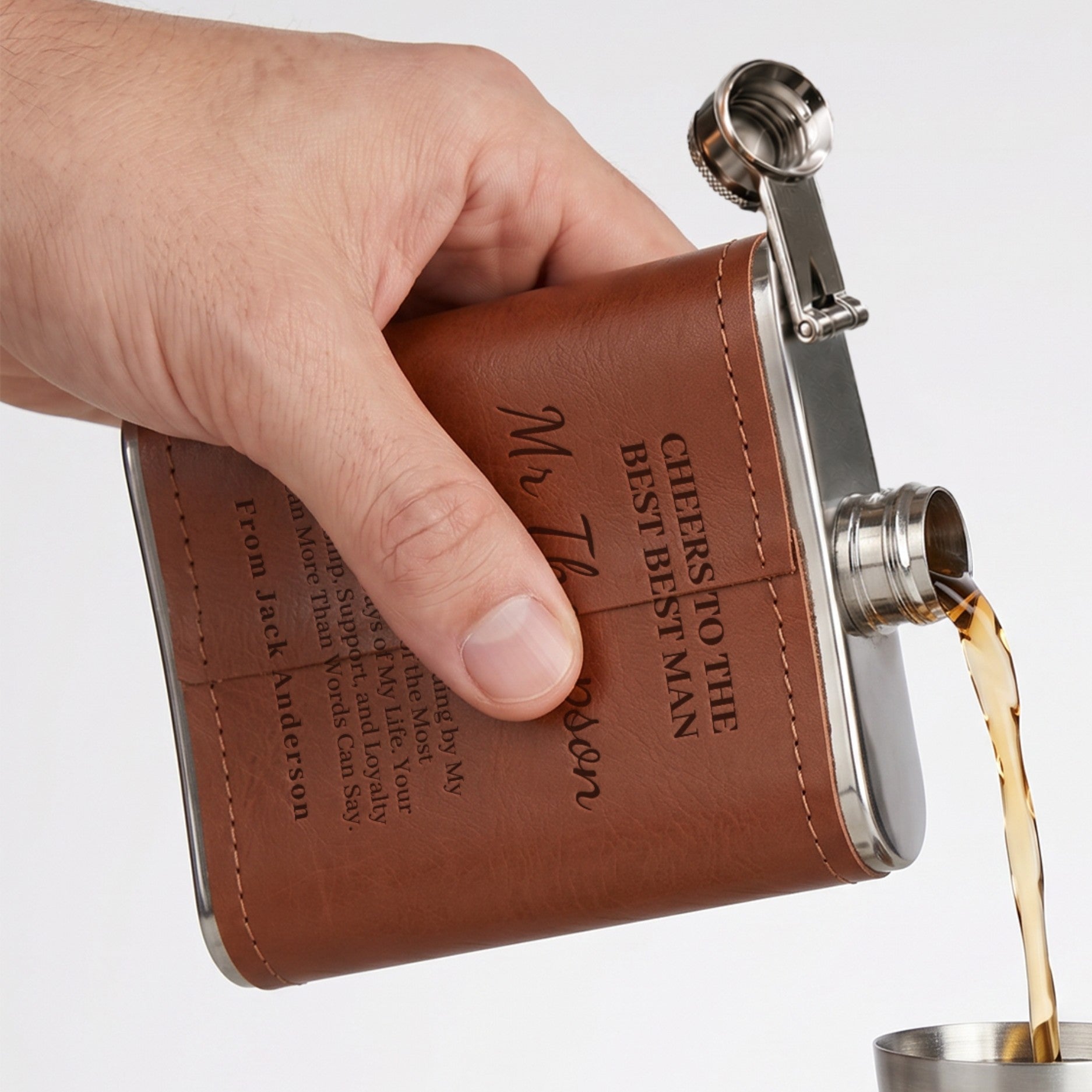 Custom engraved tan leatherette stainless steel hip flask, personalised with name, logo or message. Perfect Australian gift for groomsmen, Dad &amp; corporate events