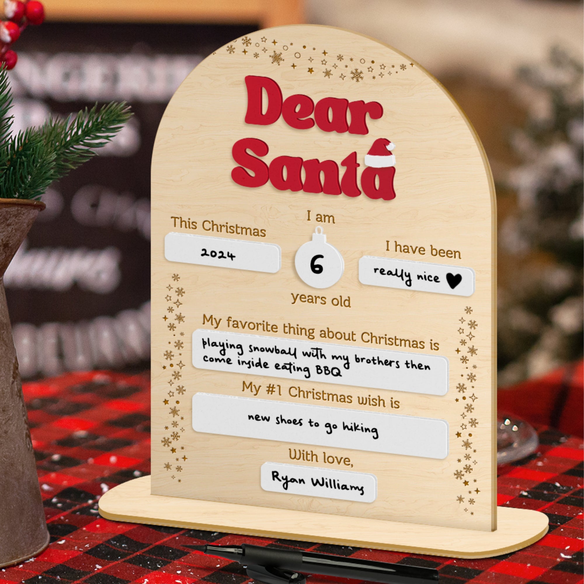 Custom Made 3D Raised Acrylic Dear Santa Letter Wish List Board Wooden Plaque | Christmas Erasable Sign, Holiday Gift Xmas Party Event Decor