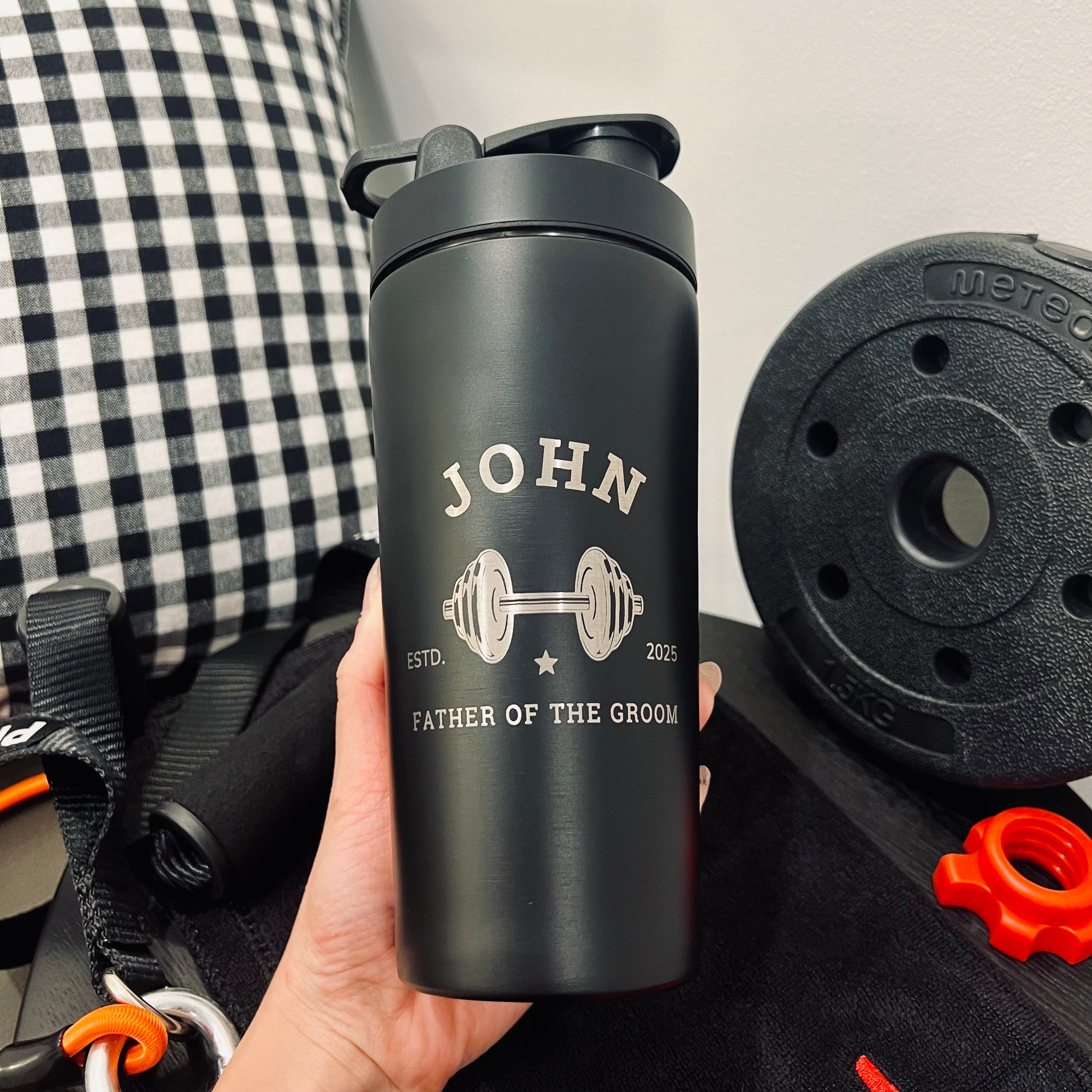 Personalised 750ml Insulated Protein Stainless Steel Shaker, Custom Engraved Gym Lover Matte Black 25oz Protein Blender, Water Bottle, Work Out Gift Mum, Dad