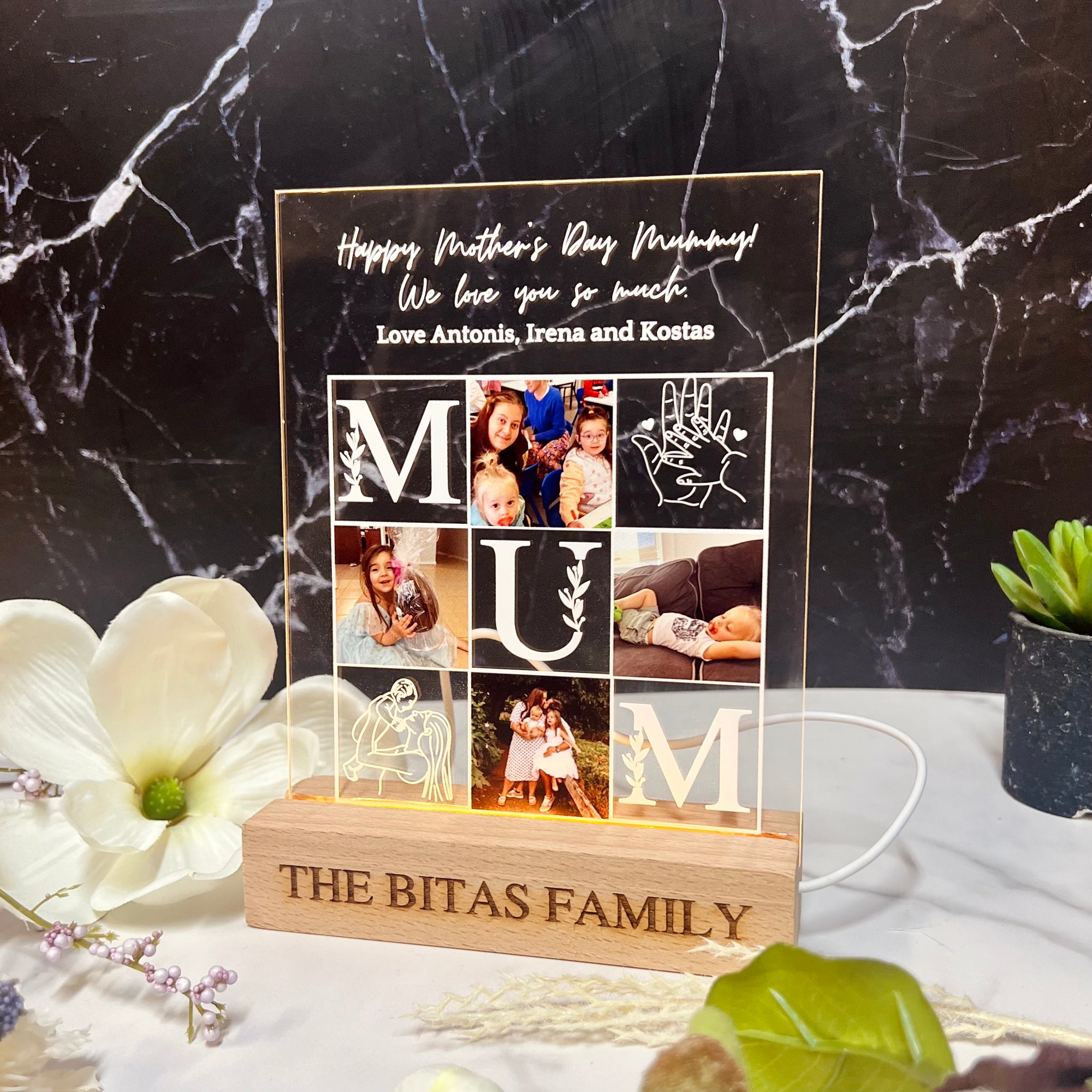Custom 3D Collage Mom Photos Names LED Night Light, Personalised UV Printed Acrylic Wooden Table Lamp Sign Room Decor, Mum Mother&#39;s Day Gift