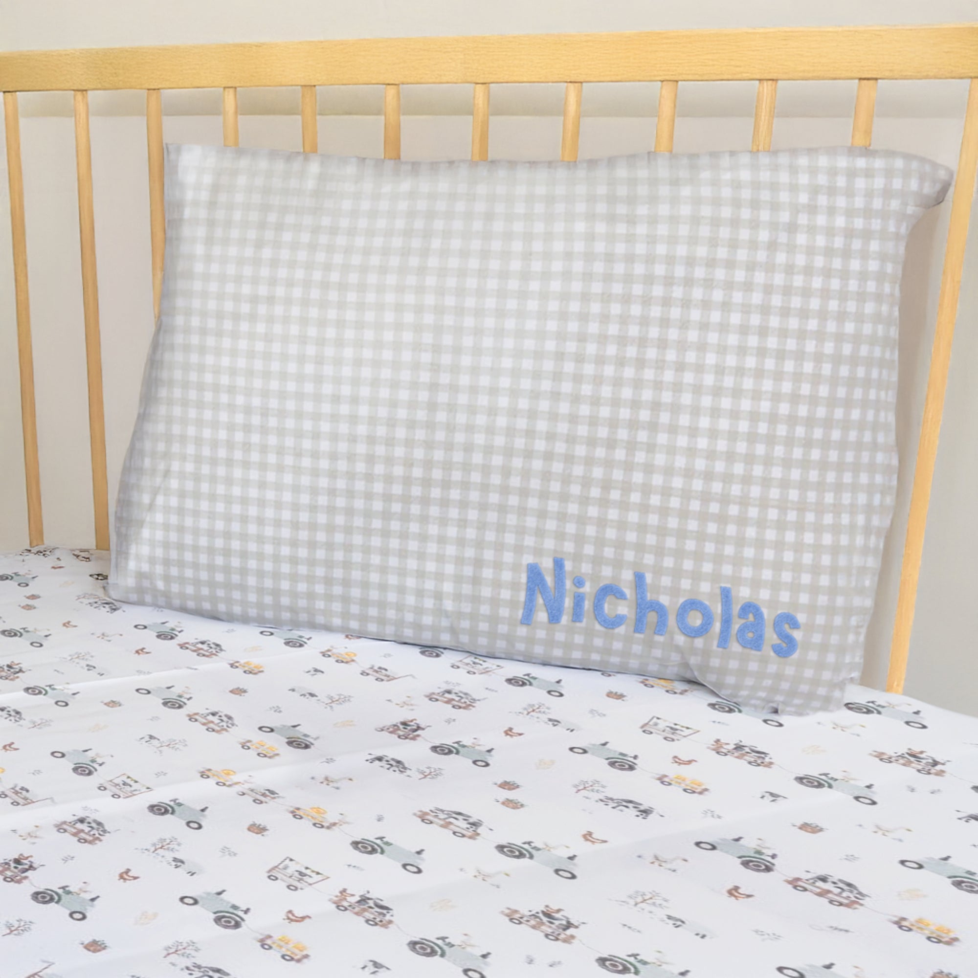 Custom Embroidered Organic Pillowcase & Port-a-Cot Sheet Set, Personalised Infant Baby Boy Name Crib Sleep Cover, Christening, Birthday Gift