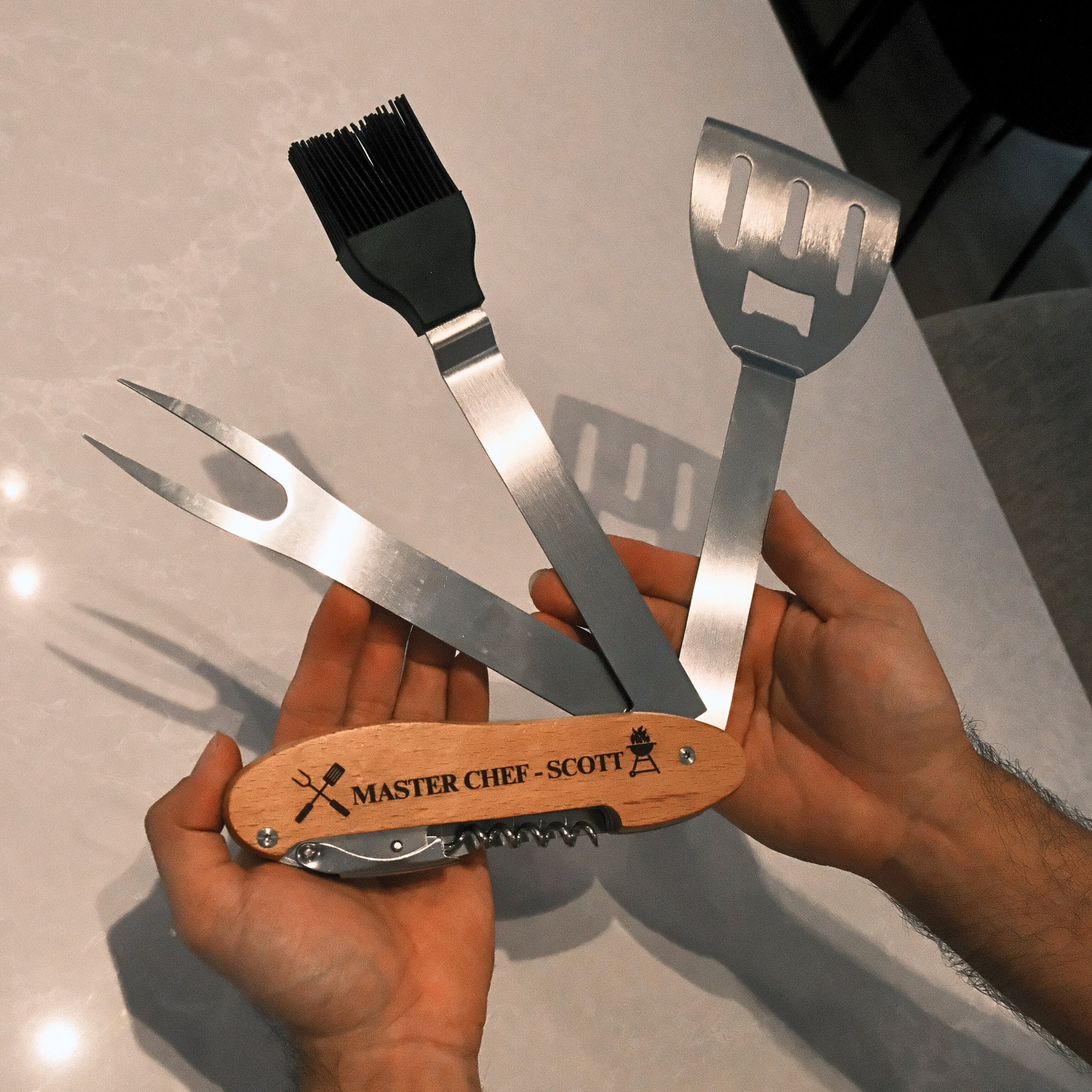 Personalised 5 in 1 Foldable BBQ Tool, Custom Engraved Logo Barbecue Spatula &amp; Multi Grill Tools, Dad, Housewarming Groomsman Corporate Gift