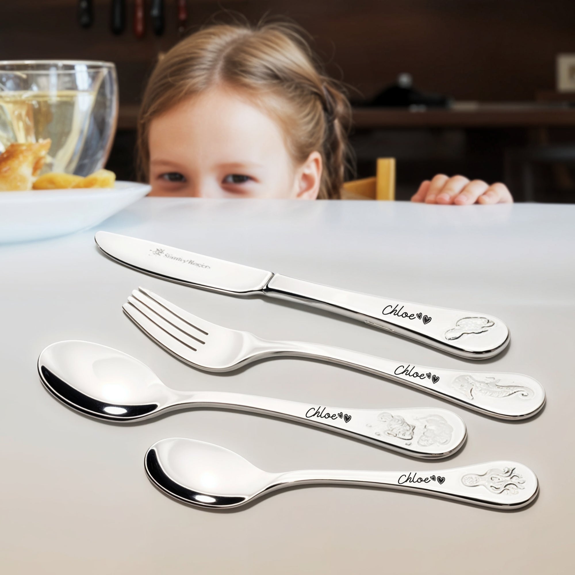 Custom Engraved Kid&#39;s Cutlery 4 Piece Set, Personalised Children Name Spoons, Fork, Knife/ Daycare Dining Tools, First Birthday Baptism Gift