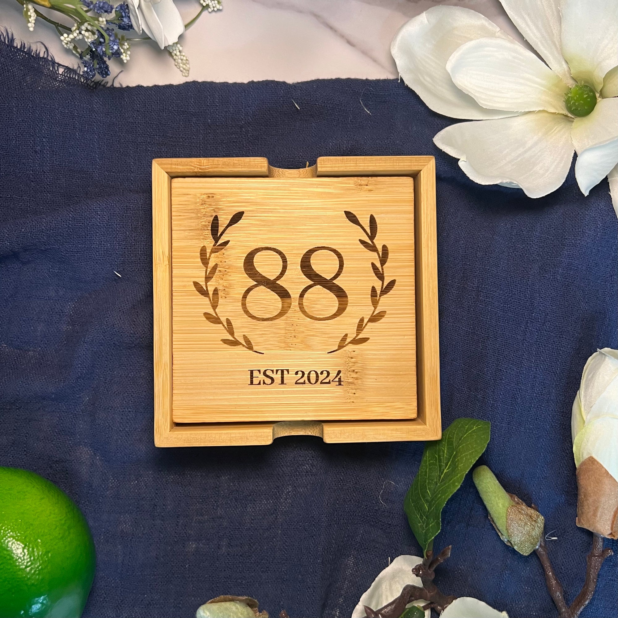 Personalised Set of 4 Bamboo Coasters, Custom Engraved Logo Drink Mat Teacher/ Wedding/ Anniversary / Housewarming/ Birthday/ Corporate Gift