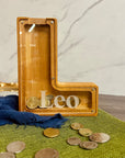 Personalised Wood Letter Piggy Bank, Custom Engraved Name Money Saving Box Alphabet Coin Storage Birthday Shower Gift Nursery Kid Room Decor