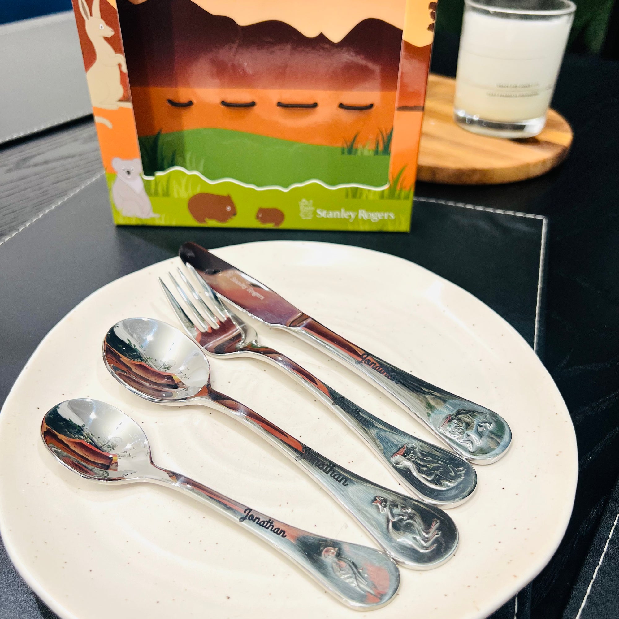 Custom Engraved Kid&#39;s Cutlery 4 Piece Set, Personalised Children Name Spoons, Fork, Knife/ Daycare Dining Tools, First Birthday Baptism Gift