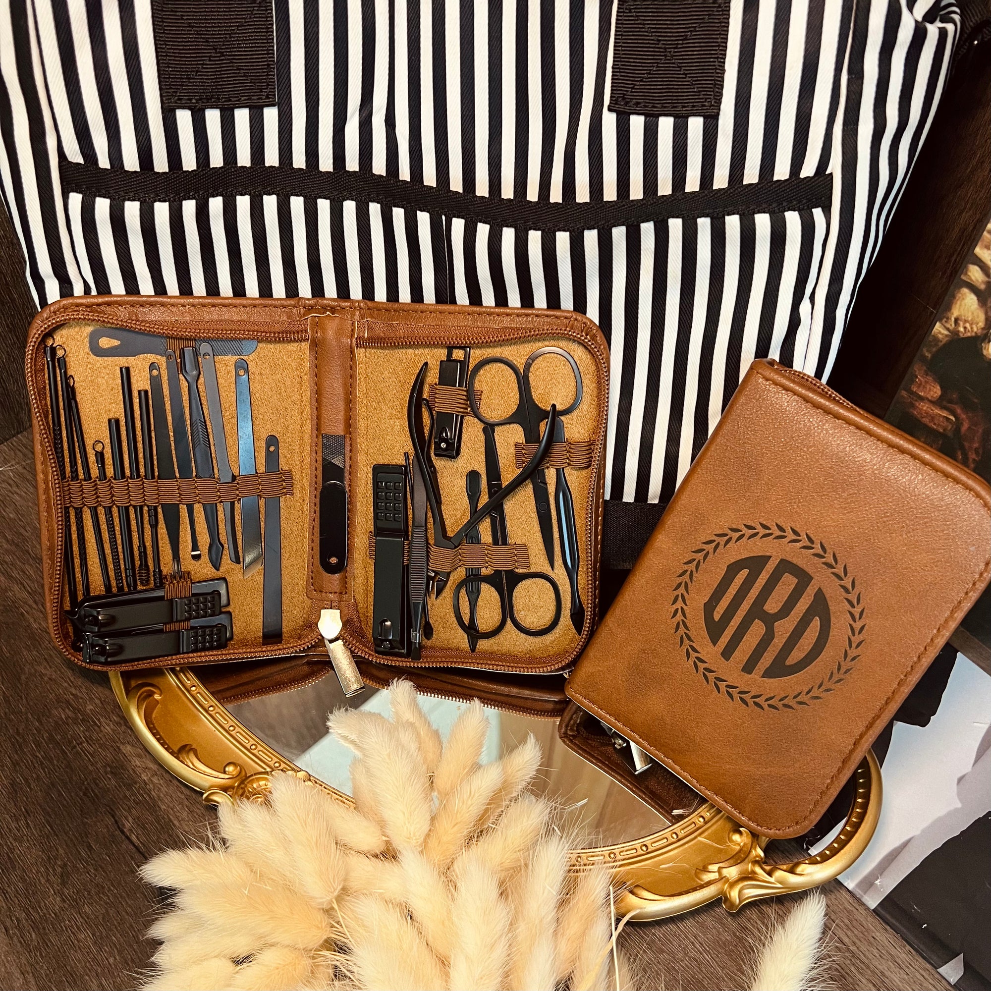 Personalised Unisex Tan Leatherette Travel Manicure &amp; Pedicure Kit - 26 Pieces Set