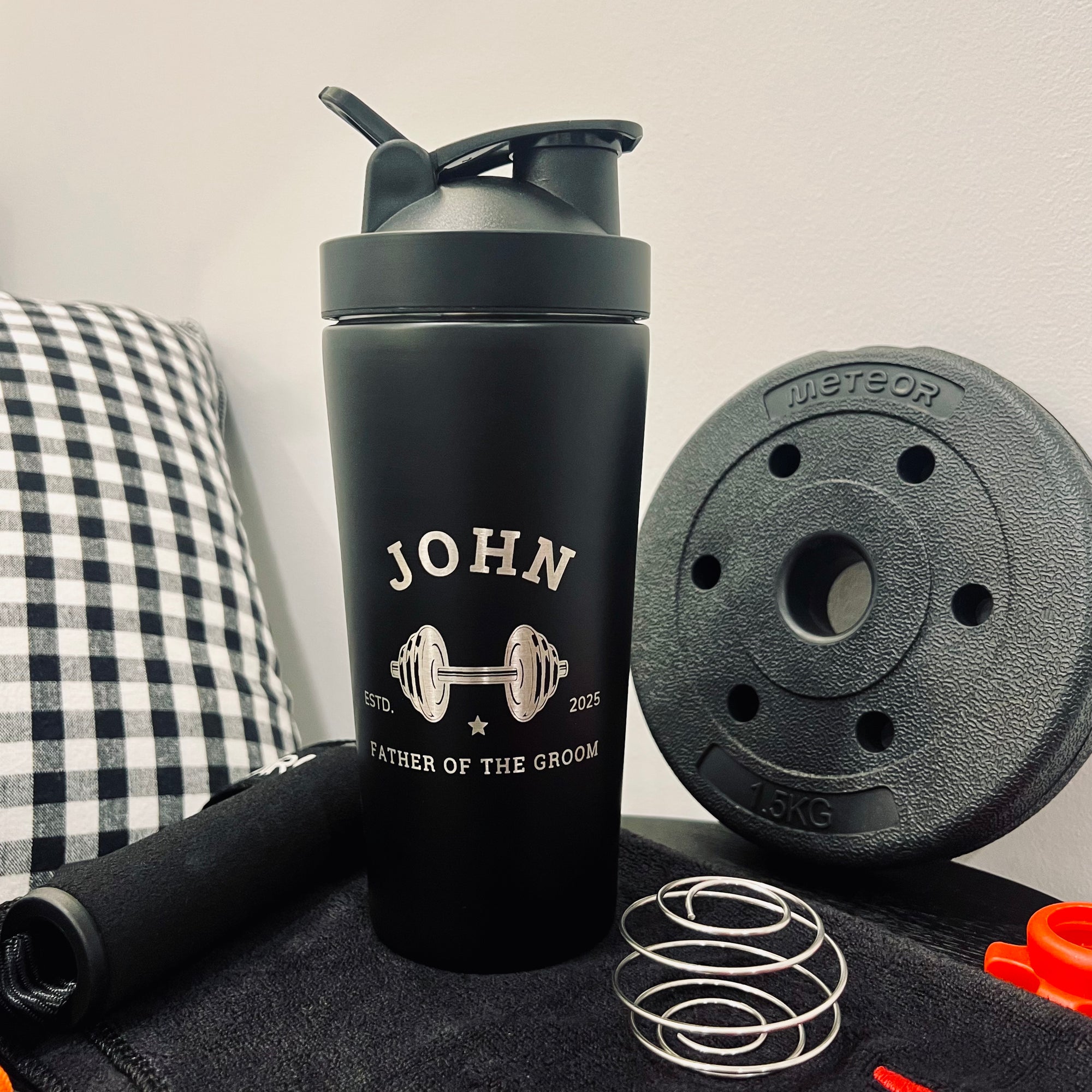 Personalised 25oz Black Metal Protein Shaker & Embroidery Gym Towel Set, Custom Name Logo Fitness, Travel, Sport, Birthday, Corporate Gift