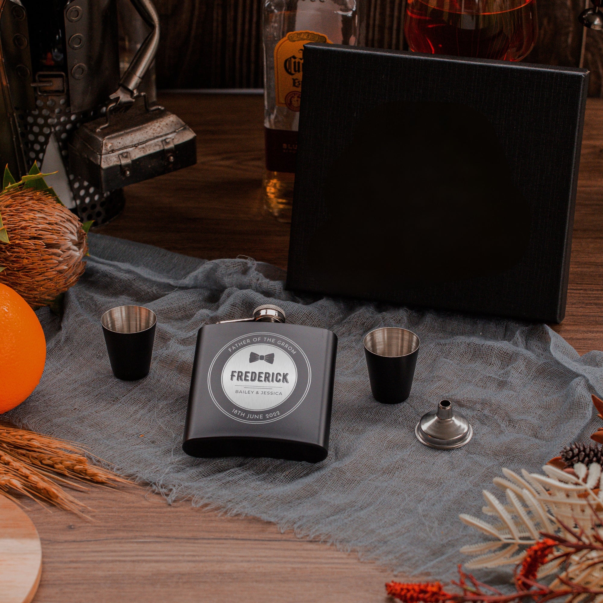Personalised Engraved Stainless Steel 170ml 6oz Hip Flask, Funnel &amp; Shot Glasses - FREE Gift Boxed, Laser Etching Custom Logo Wedding/ Groomsman/ Godfather Favour