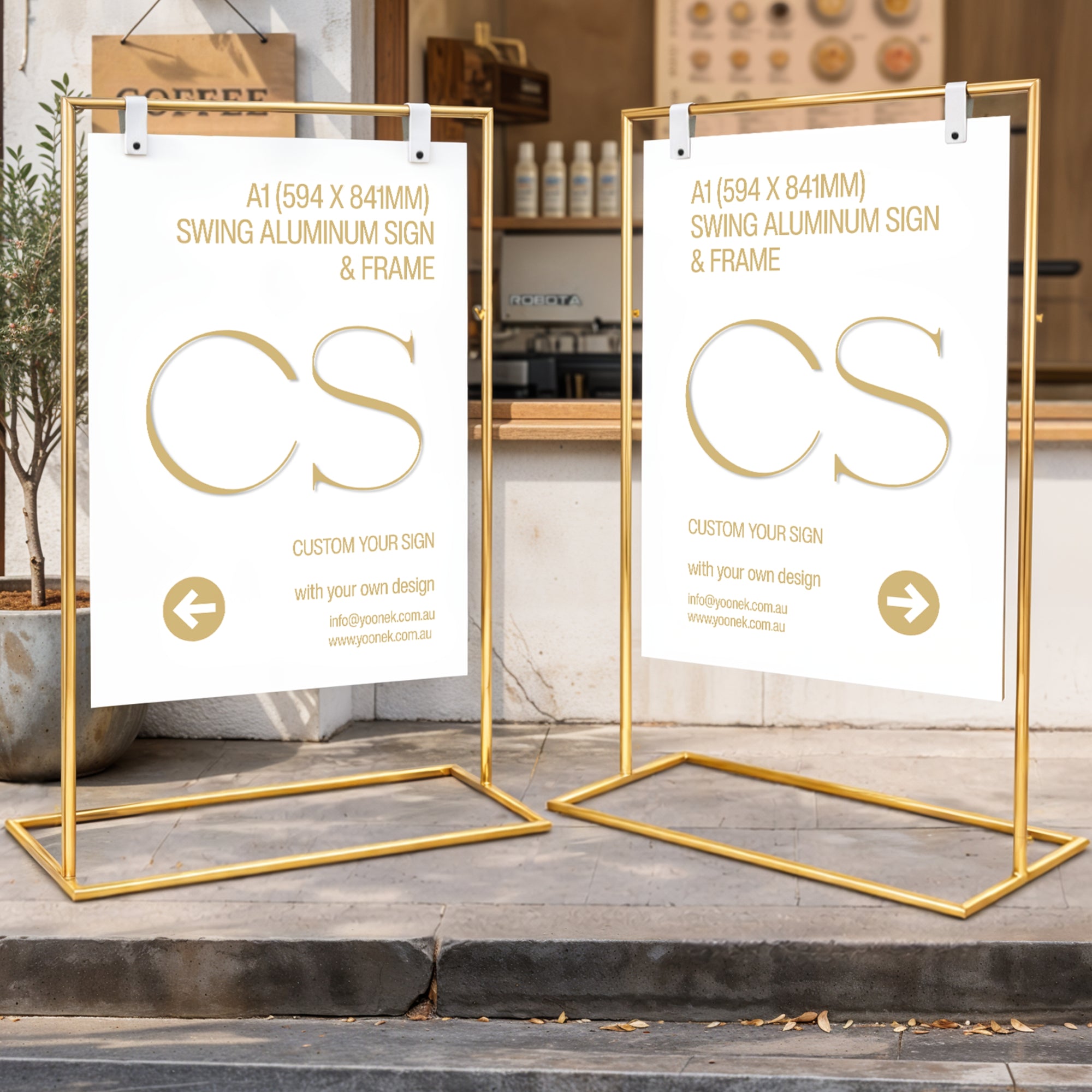 Metal Hanging Strap Swing Frame &amp; Custom Print Aluminum A1 Panel, Outdoor Sidewalk Footpath Retail, Cafe, Restaurant Business Advertise Sign