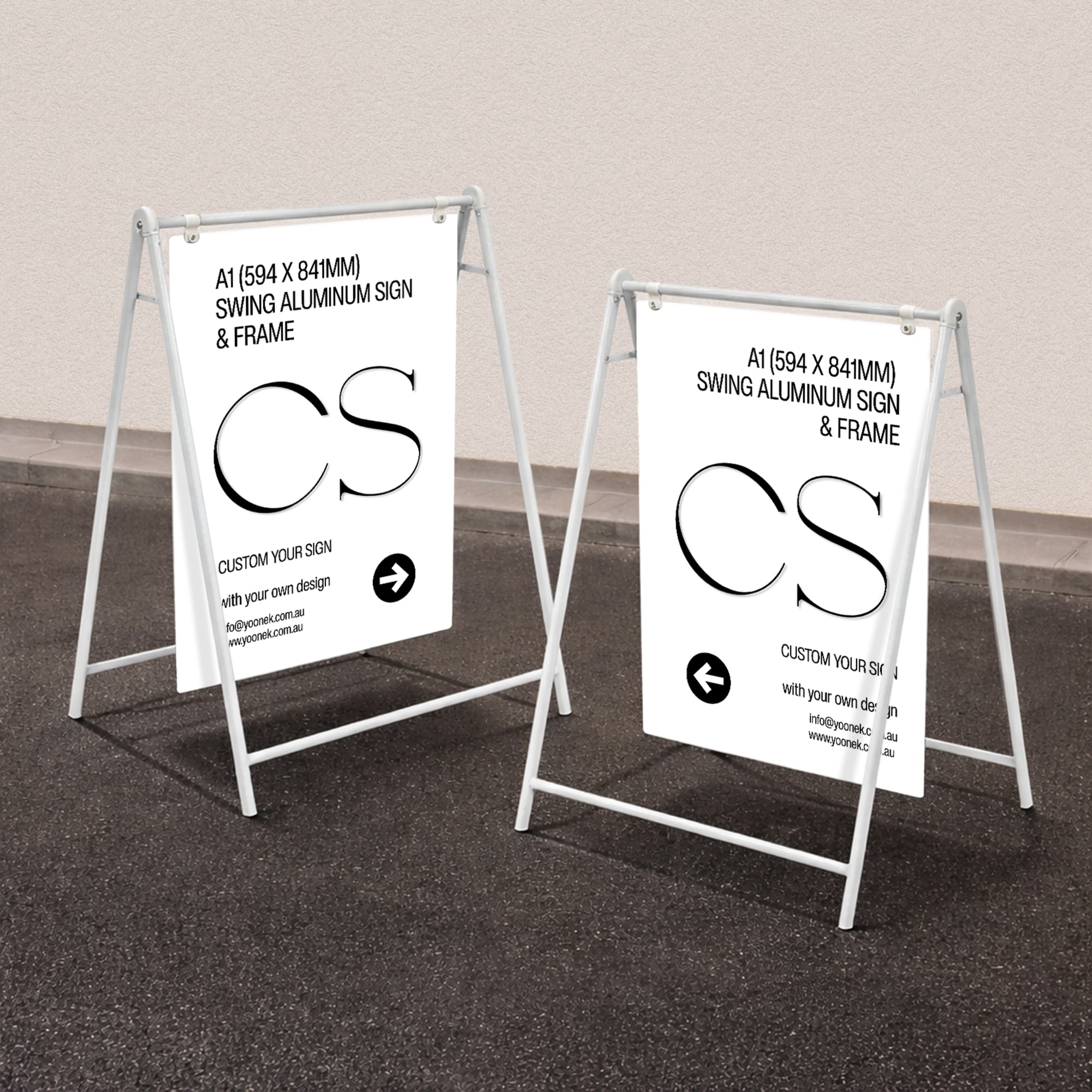Metal Swing A-Frame &amp; Custom UV Print Aluminum A1 Panel, Outdoor Sidewalk Direction Footpath Retail Cafe, Restaurant Business Advertise Sign