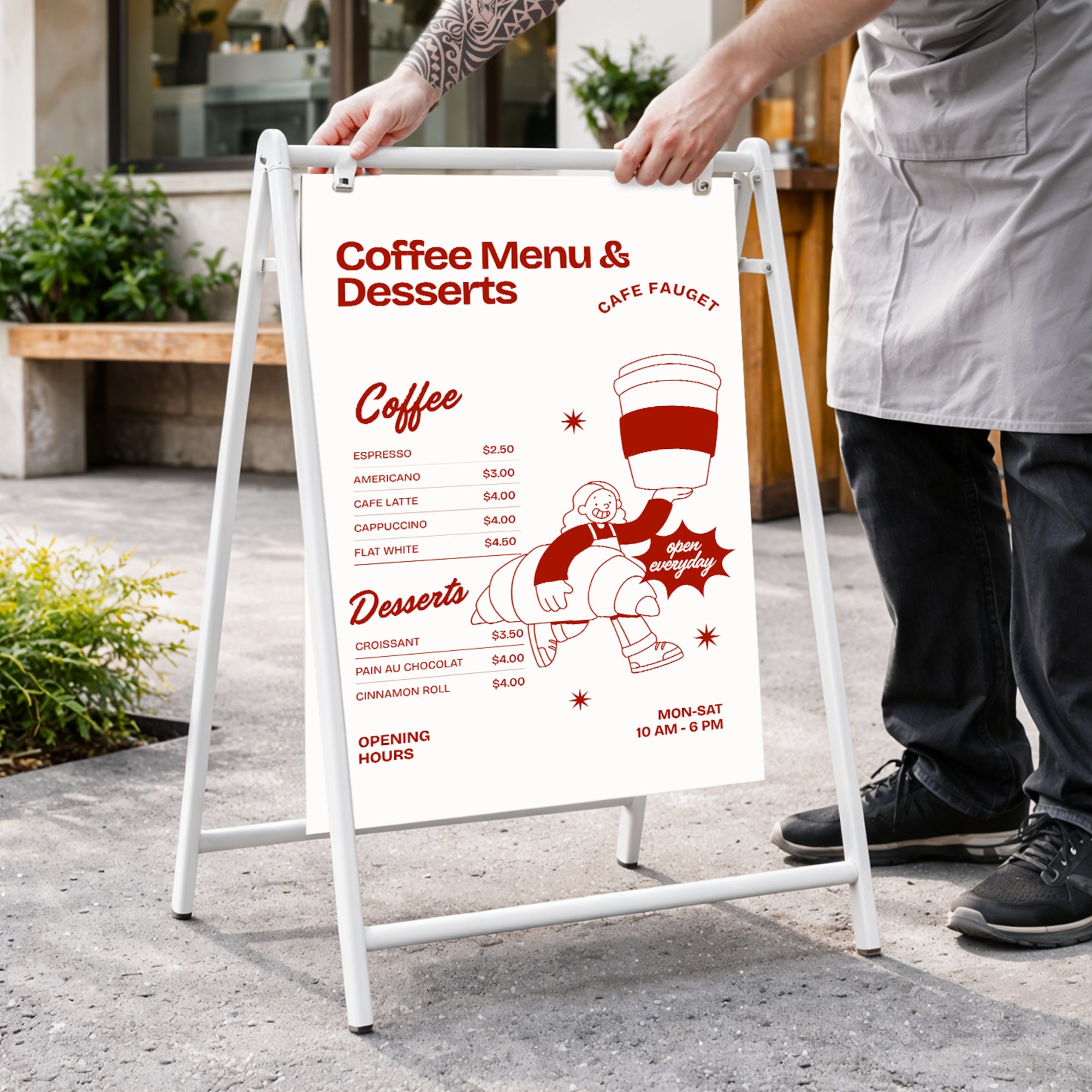 Metal Swing A-Frame & Custom UV Print Aluminum A1 Panel, Outdoor Sidewalk Direction Footpath Retail Cafe, Restaurant Business Advertise Sign