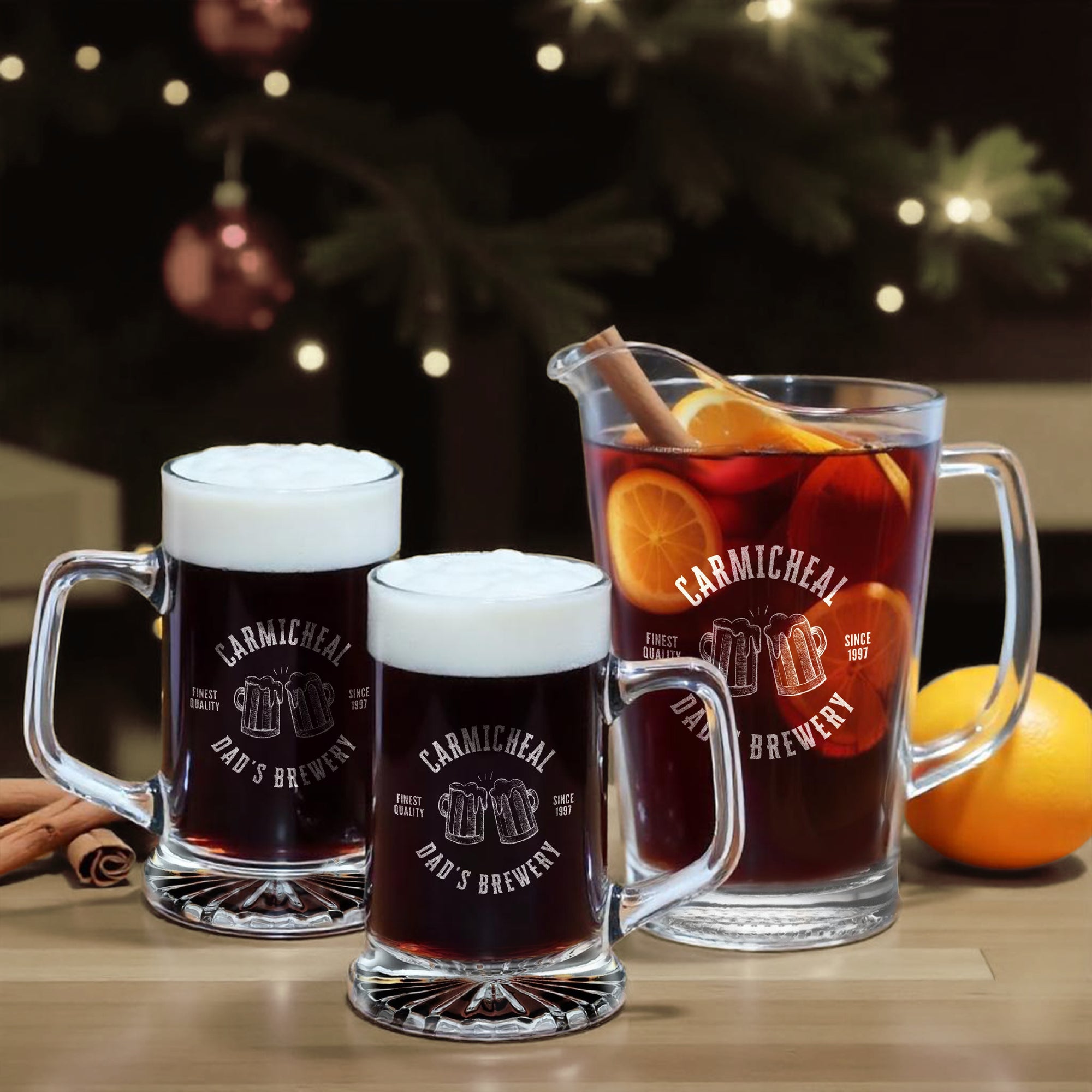Personalised 1.8L Crystal Glass Pitcher & 2 Tankard Beer Mugs, Custom Engraved Brewery Set, Beverage Jug Barware Set Dad Groomsman Xmas Gift