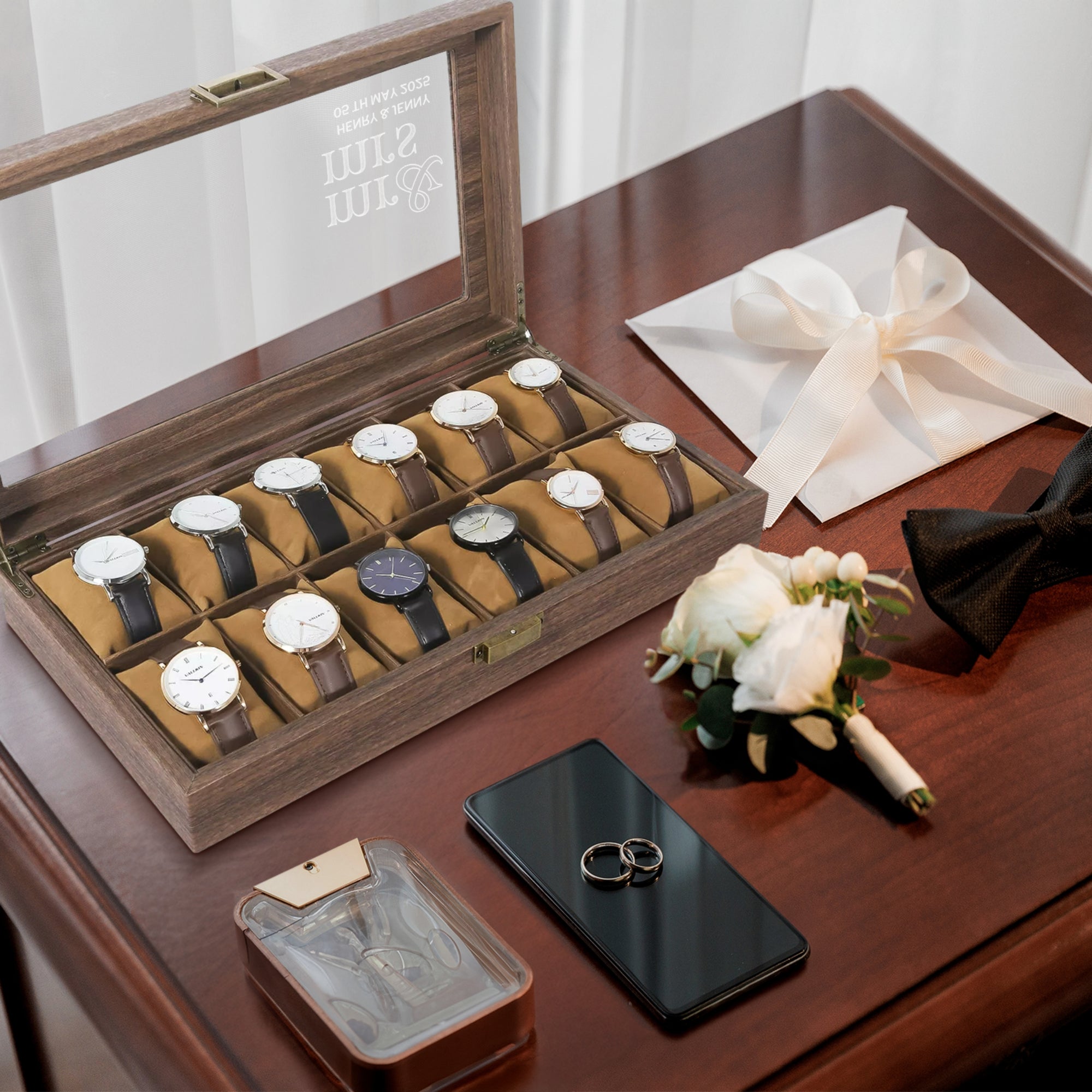 Personalised 3, 6, 10, 12 Slots Watch Display Wooden Case Box, Custom Engraved Men Accessories Storage, Groomsman Dad Mom Birthday Xmas Gift