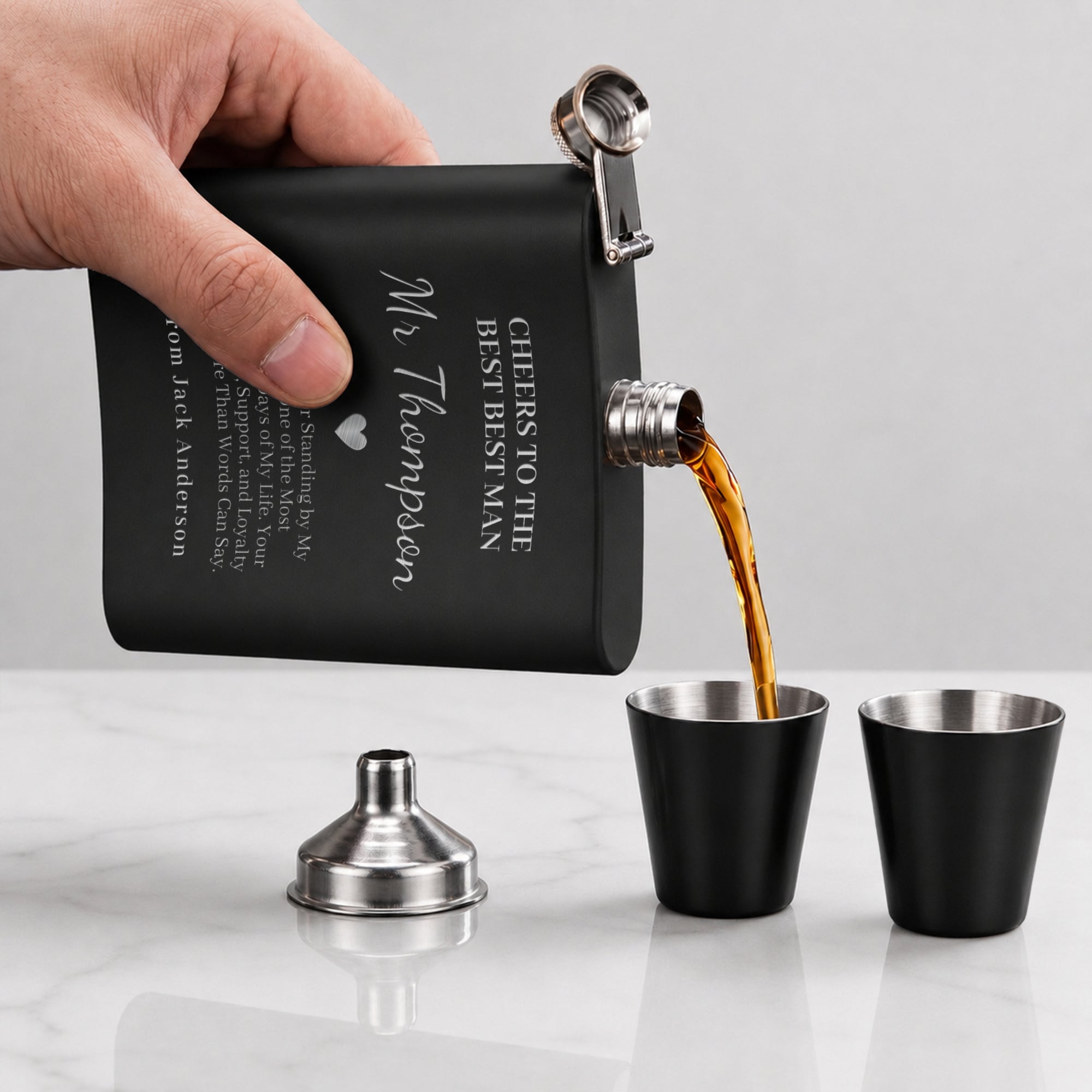 Personalised 170ml Hip Flask Set - Shot Glasses, Funnel & Free box. Custom Etched Groomsmen, Wedding, Dad Birthday, Xmas Logo Corporate Gift