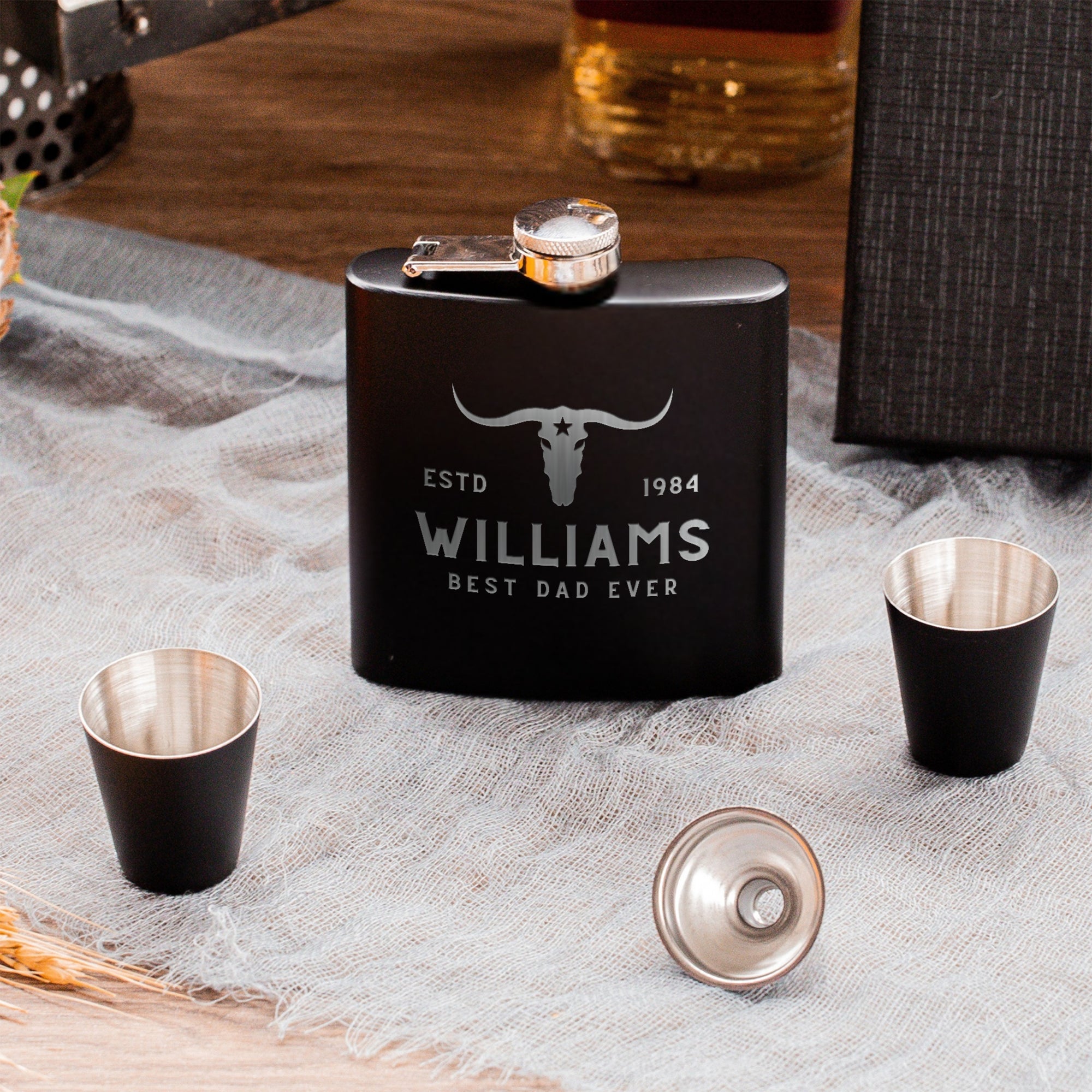 Personalised 170ml Hip Flask Set - Shot Glasses, Funnel & Free box. Custom Etched Groomsmen, Wedding, Dad Birthday, Xmas Logo Corporate Gift