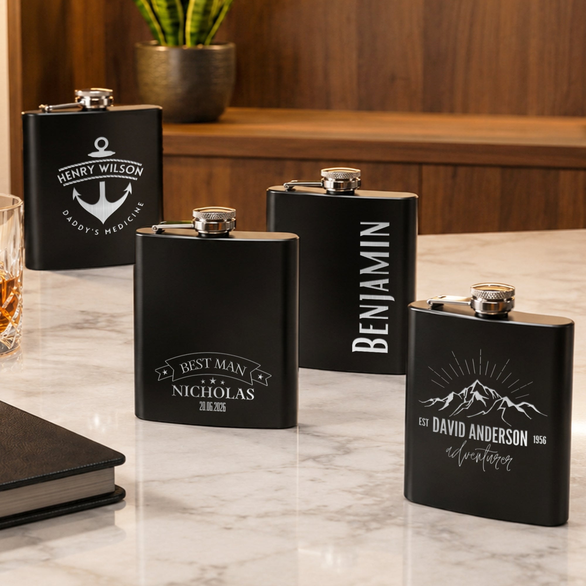 Personalised in Australia 170ml Hip Flask Set - Shot Glasses, Funnel &amp; Free box. Custom Etched Groomsmen, Wedding, Dad Birthday, Xmas Logo Corporate Gift