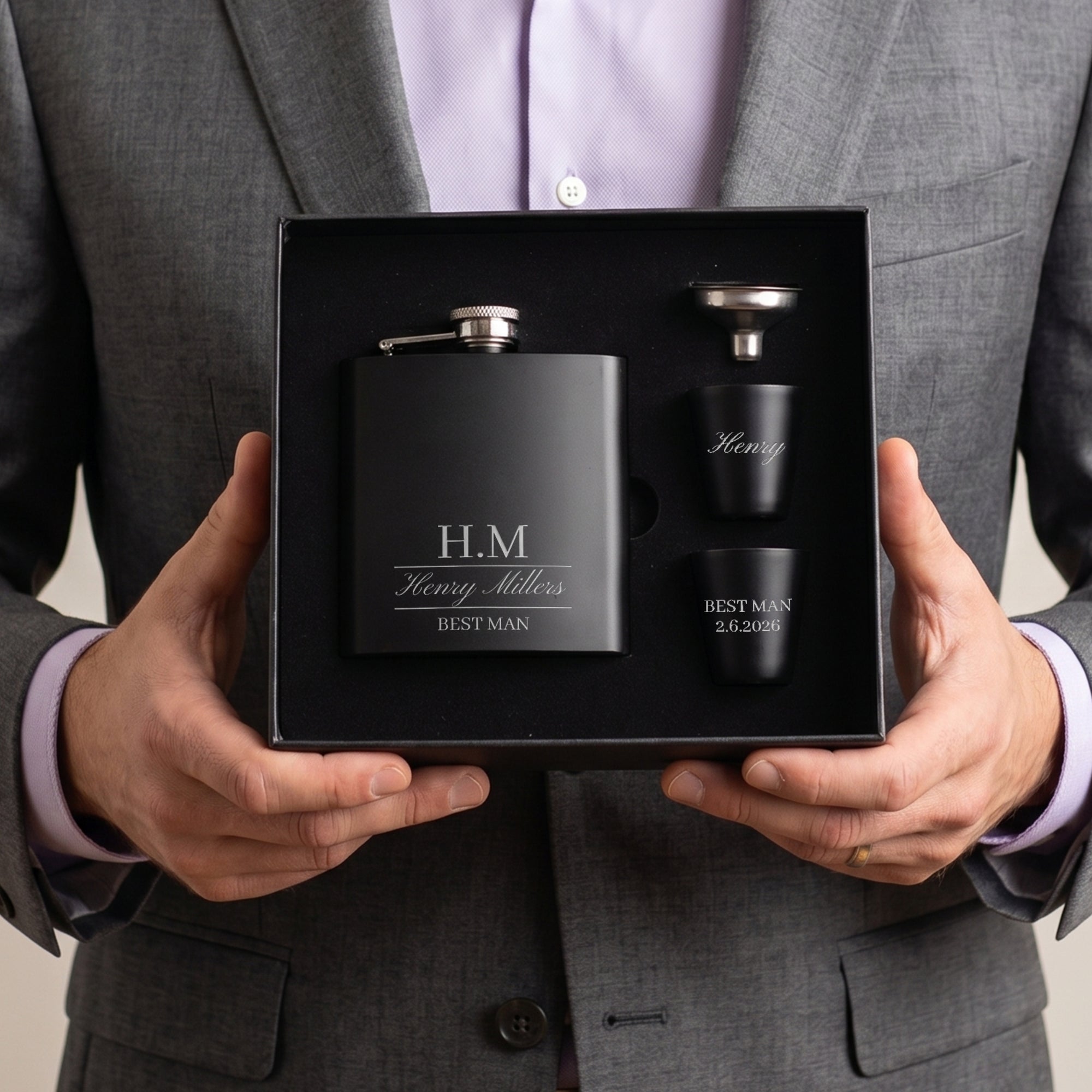 Personalised 170ml Hip Flask Set - Shot Glasses, Funnel & Free box. Custom Etched Groomsmen, Wedding, Dad Birthday, Xmas Logo Corporate Gift