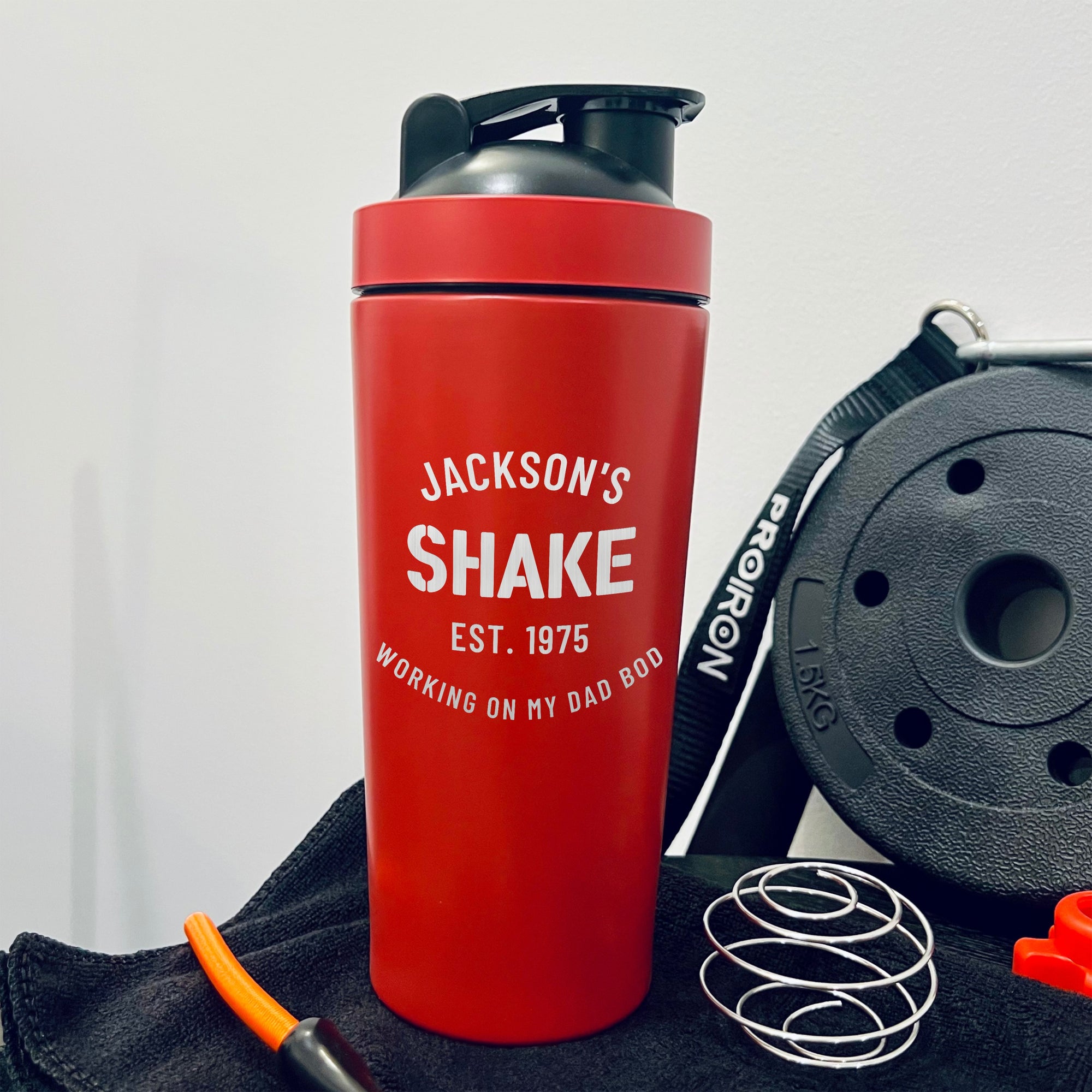 Personalised 25oz Insulated Protein Stainless Steel Shaker, Custom Engraved 750ml Gym Lover Matte Red Blender Water Bottle Work Out Dad Gift