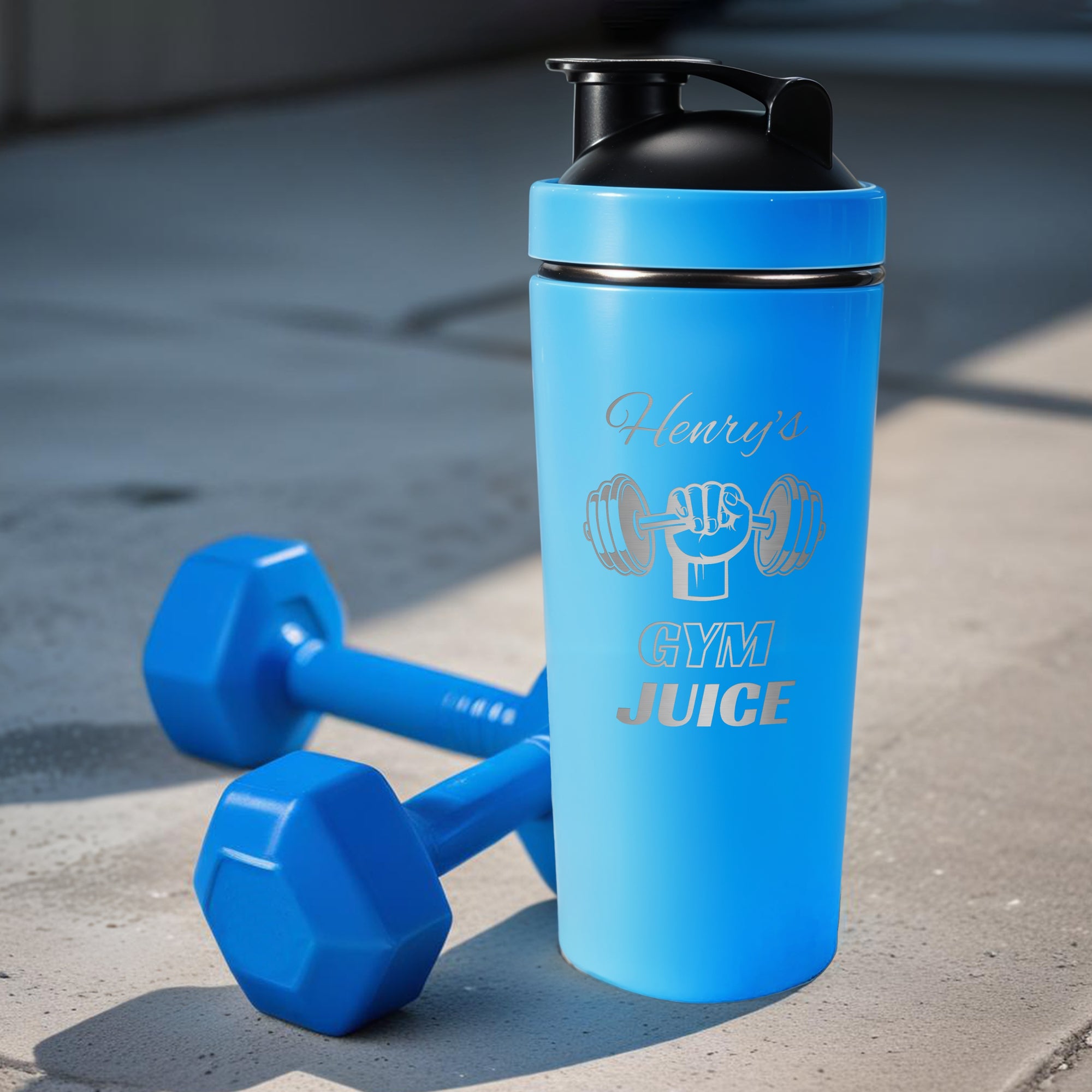Personalised 25oz Insulated Protein Stainless Steel Shaker, Custom Engraved Logo 750ml Matt Blue Blender Bottle, Work Out Gym Lover Dad Gift