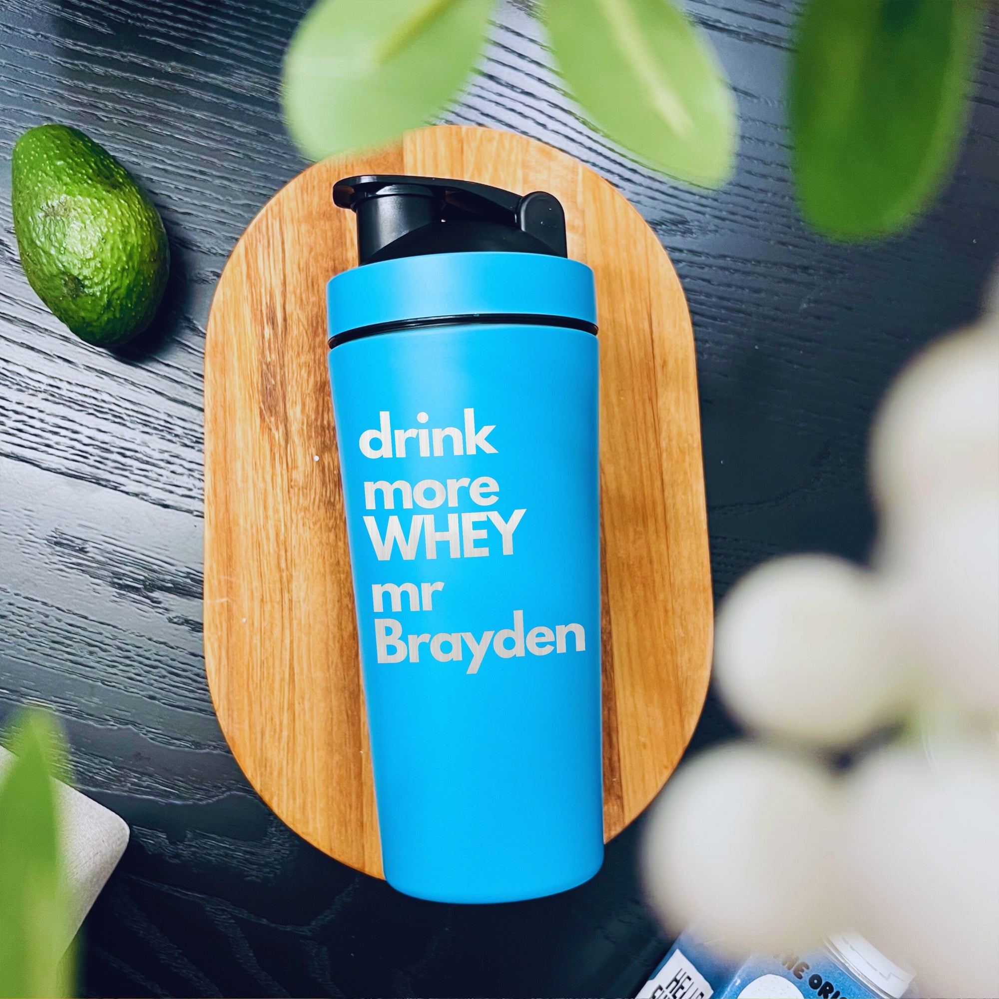 Personalised 25oz Insulated Protein Stainless Steel Shaker, Custom Engraved Logo 750ml Matt Blue Blender Bottle, Work Out Gym Lover Dad Gift