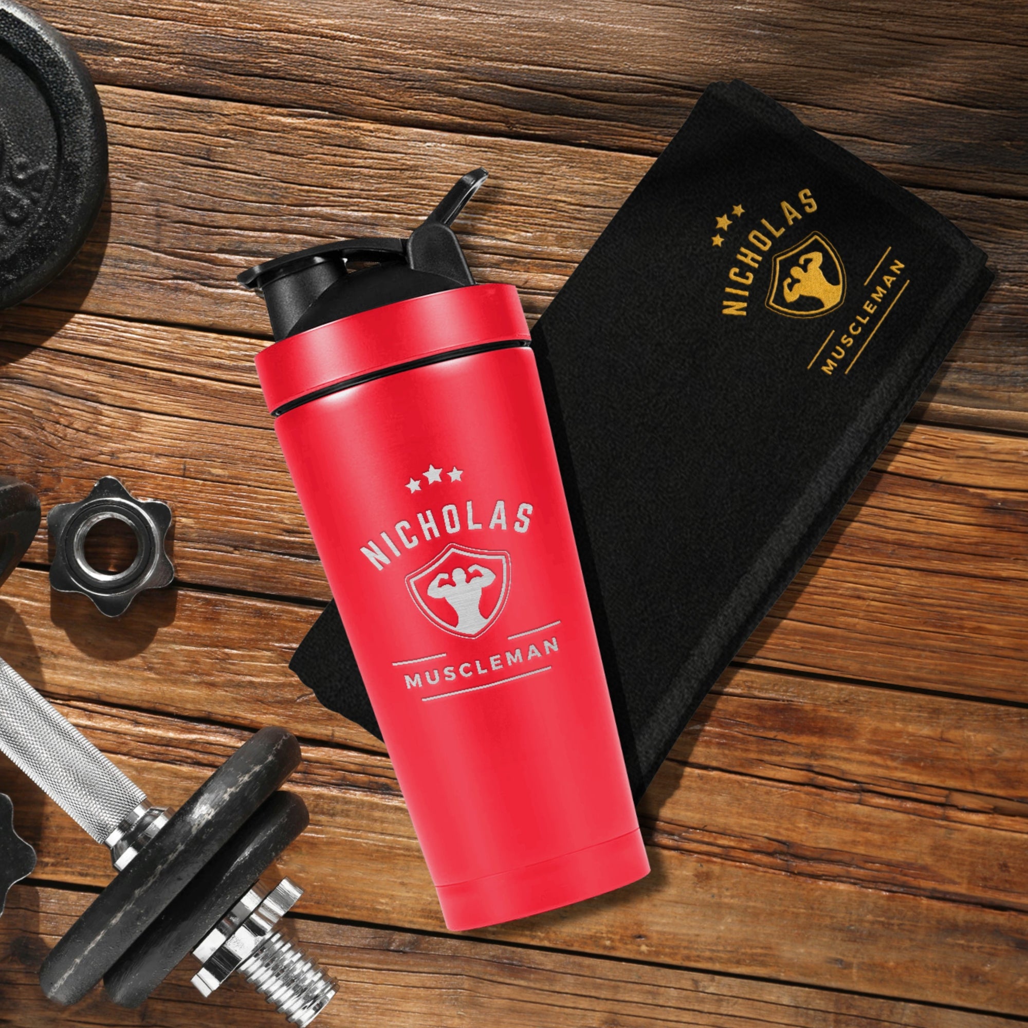 Personalised 25oz Red Metal Protein Shaker &amp; Embroidery Black Gym Towel Set, Custom Name Logo Fitness Travel Sport, Birthday, Corporate Gift