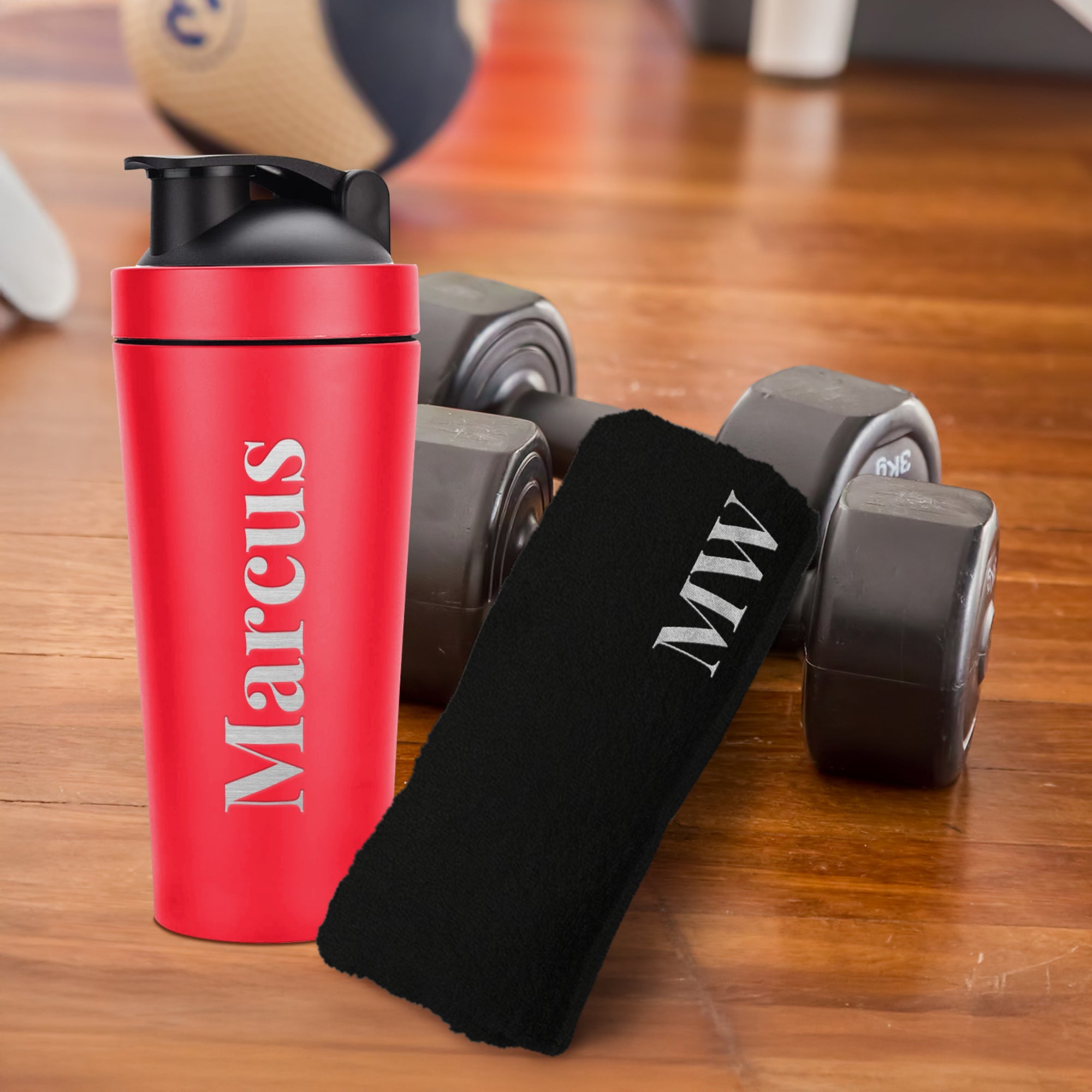 Personalised 25oz Red Metal Protein Shaker &amp; Embroidery Black Gym Towel Set, Custom Name Logo Fitness Travel Sport, Birthday, Corporate Gift