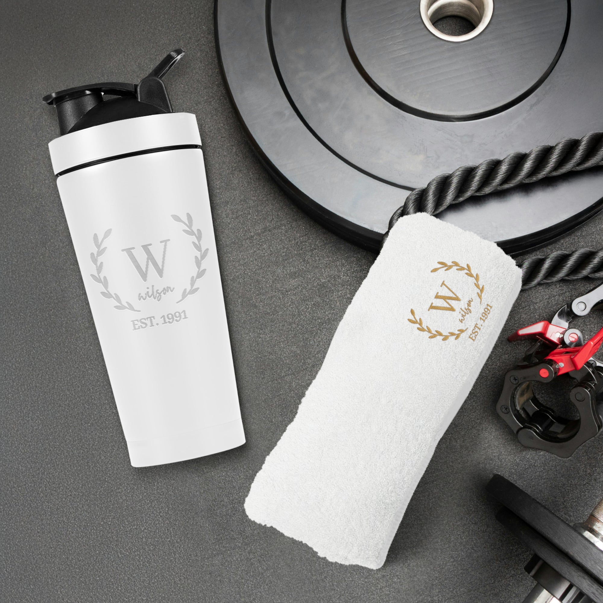 Personalised 25oz White Metal Protein Shaker & Embroidery Gym Towel Set, Custom Name Logo Fitness, Travel, Sport, Birthday, Corporate Gift