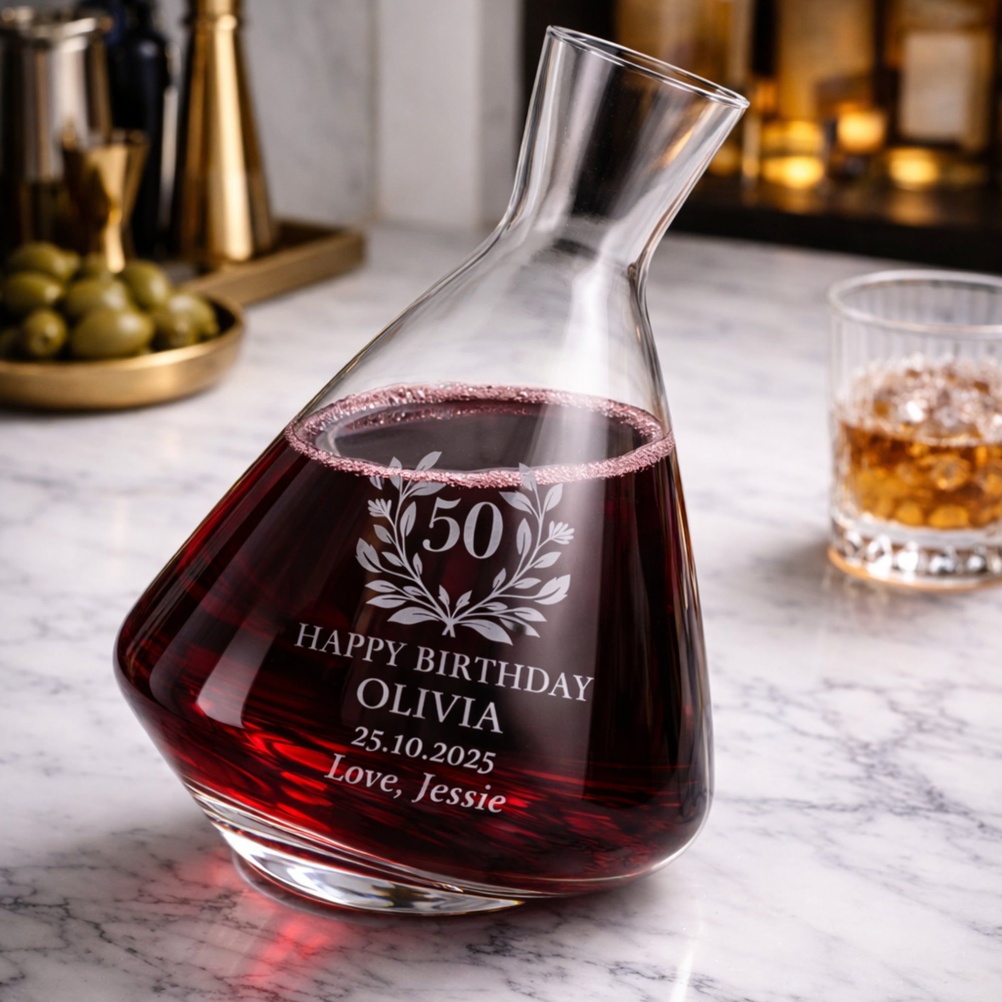 Personalised 2L Rolling Wine Carafe, Custom Engraved Glass Decanter, Wedding/ Groomsmen Anniversaries/ Housewarming Birthday Corporate Gift
