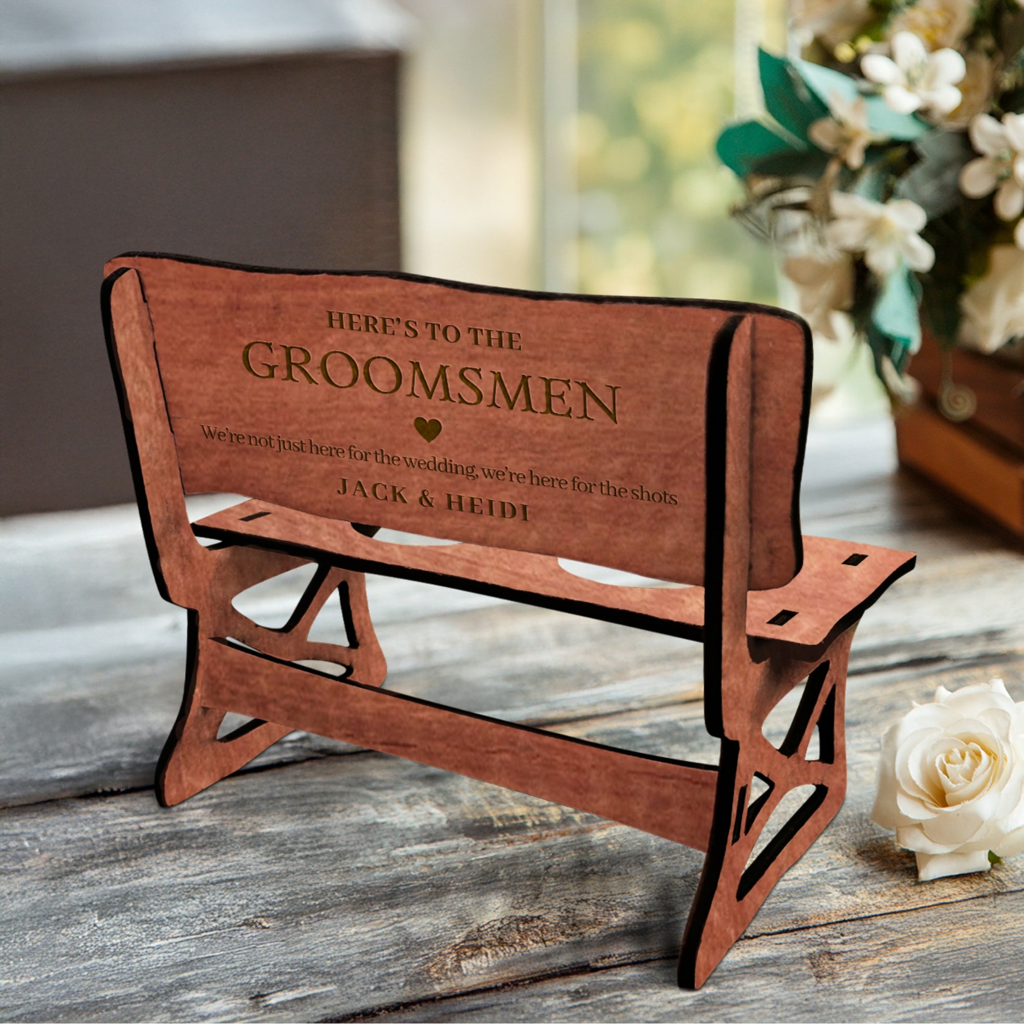 Personalised 2 Crystal Shot Glasses &amp; Custom Engraved Wood Bench Chair Holder Set, Bridesmaid Groomsman, Couple Wedding, Xmas Corporate Gift