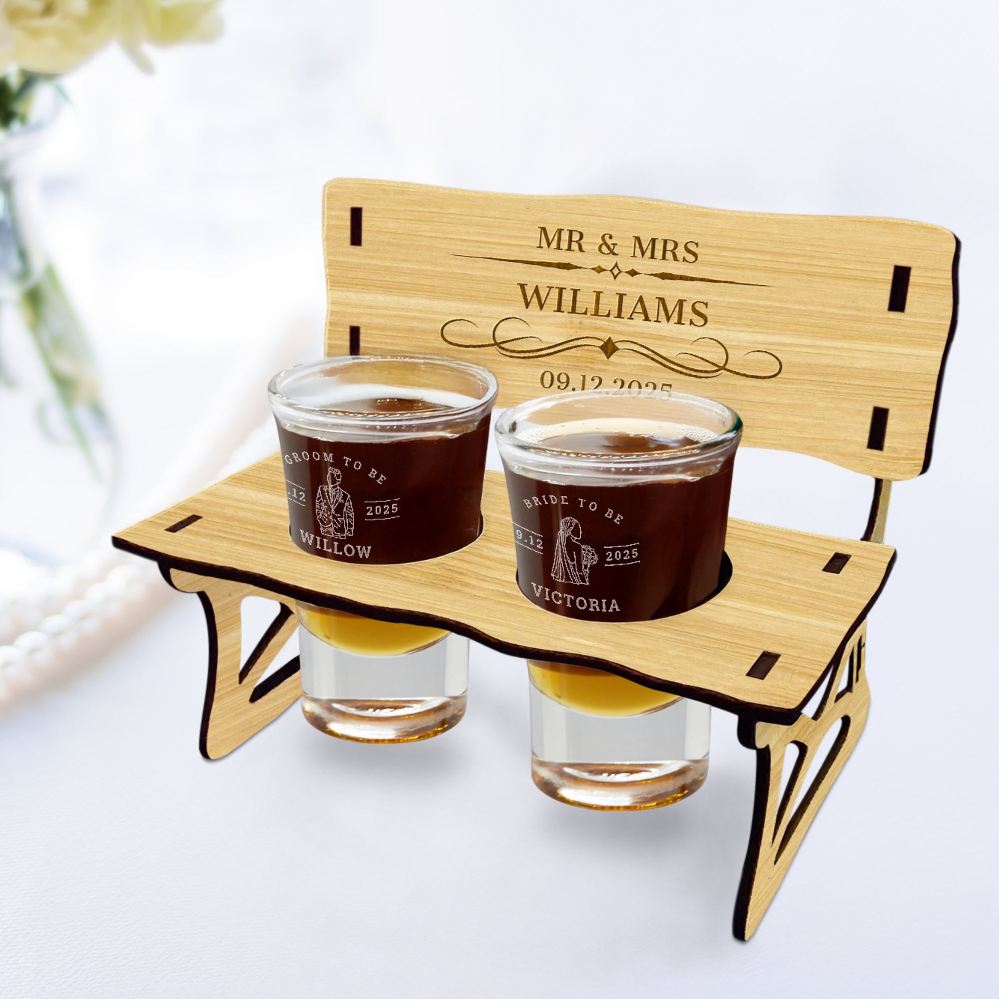 Personalised 2 Crystal Shot Glasses & Custom Engraved Mini Wooden Bench Chair Set, Bridesmaid Groomsman, Couple Wedding, Xmas Corporate Gift