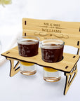 Personalised 2 Crystal Shot Glasses & Custom Engraved Mini Wooden Bench Chair Set, Bridesmaid Groomsman, Couple Wedding, Xmas Corporate Gift