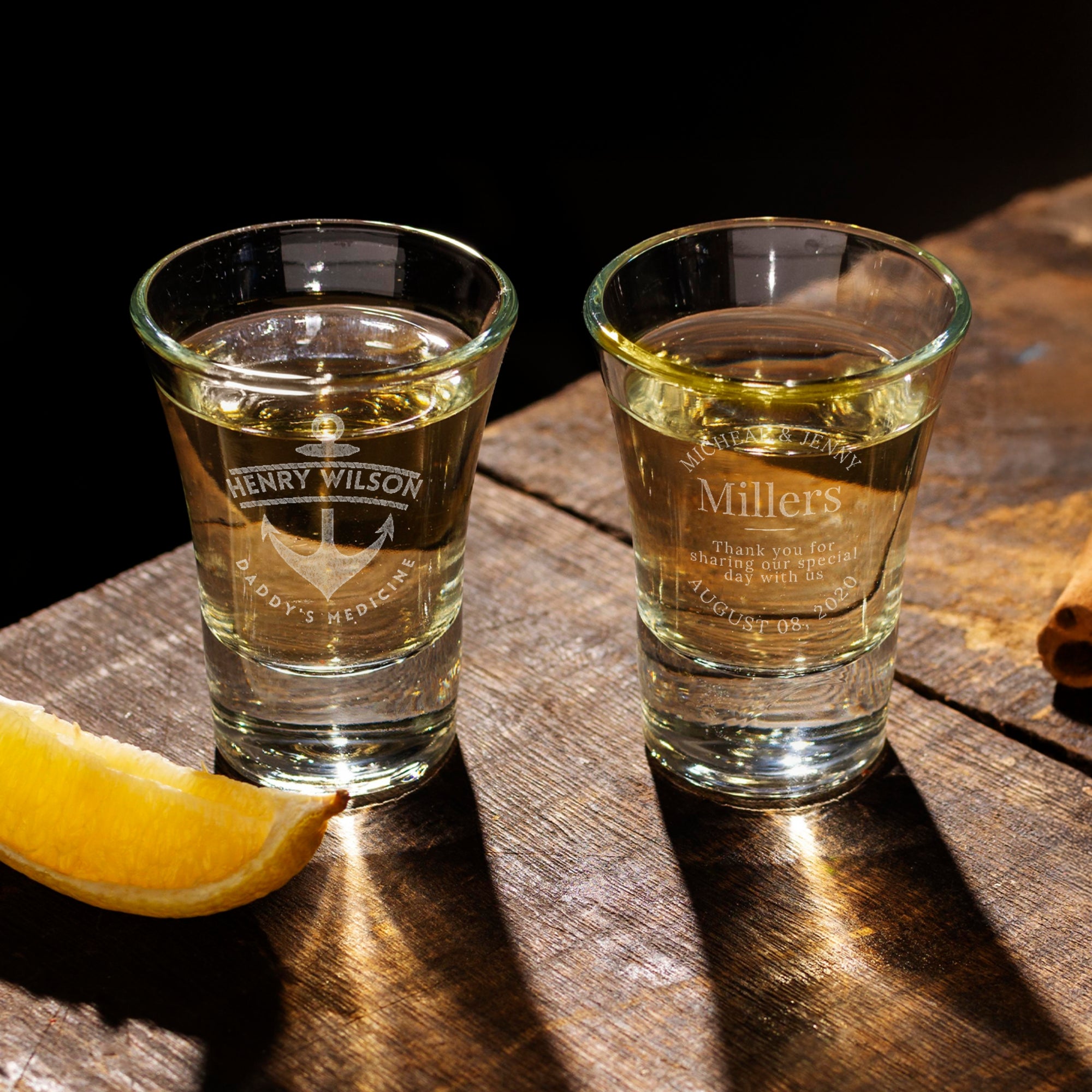 Personalised 2 Crystal Shot Glasses &amp; Custom Engraved Wood Bench Chair Holder Set, Bridesmaid Groomsman, Couple Wedding, Xmas Corporate Gift