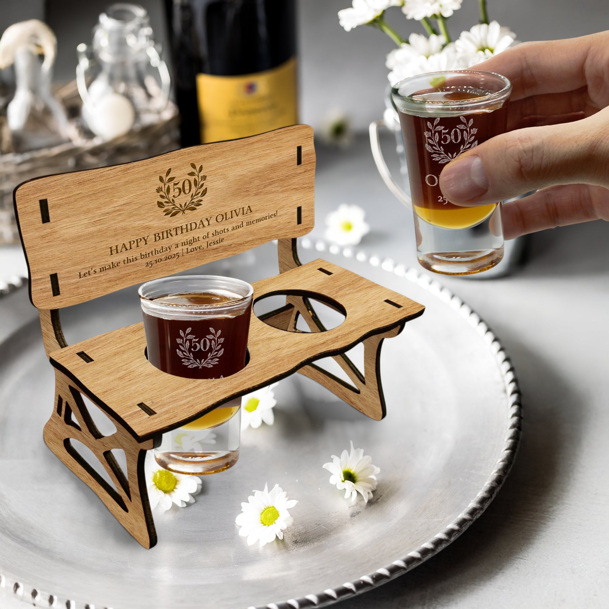 Personalised 2 Crystal Shot Glasses & Custom Engraved Wood Bench Chair Holder Set, Bridesmaid Groomsman, Couple Wedding, Xmas Corporate Gift