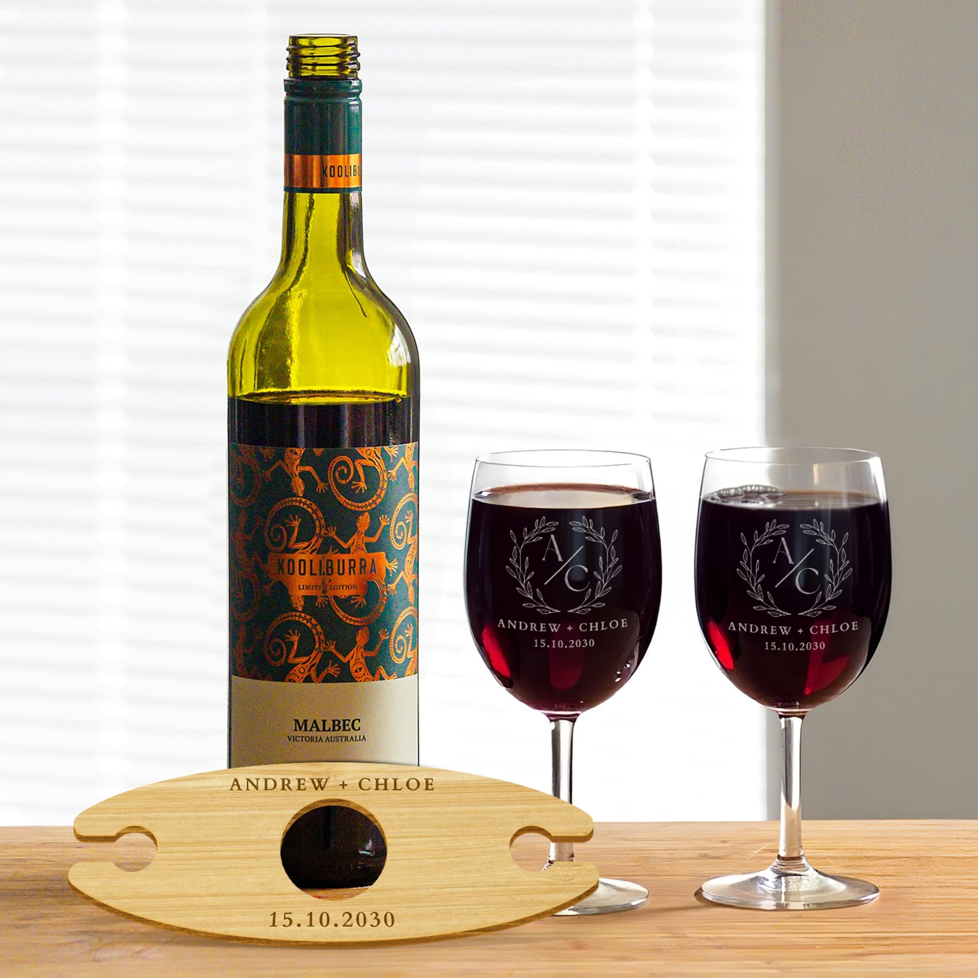 Personalised 2 Stem Glasses & Wine Holder Set, Laser Cut Wooden Bottle Caddy/ Custom Engraved Butler, Barware Anniversary, Housewarming Gift