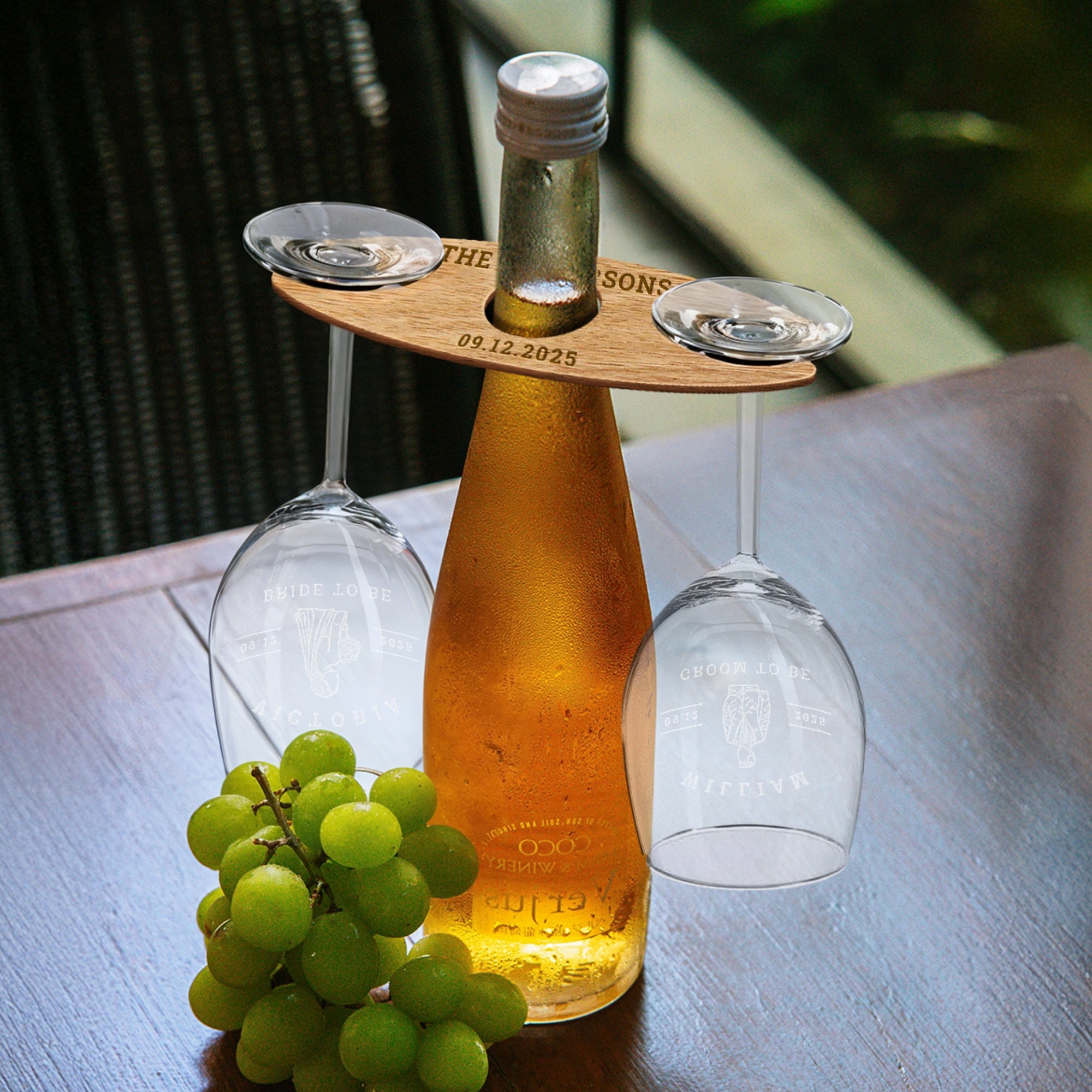 Personalised 2 Stem Glasses & Wine Holder Set, Laser Cut Wooden Bottle Caddy/ Custom Engraved Butler, Barware Anniversary, Housewarming Gift