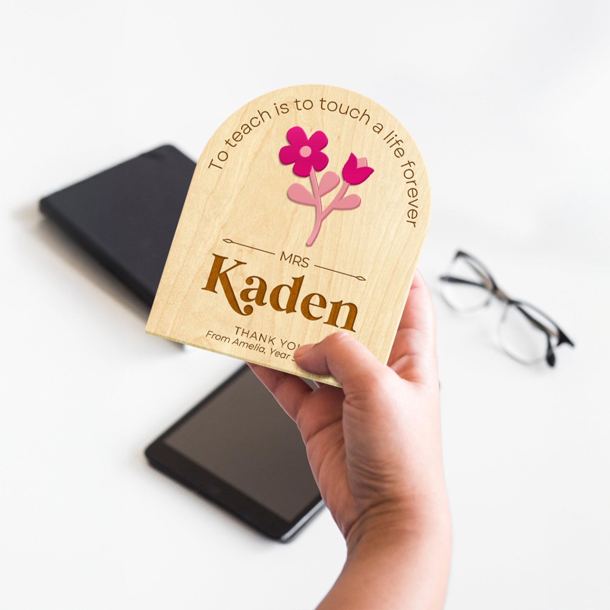 Personalised 3D Acrylic Flower Wooden Magnet, Custom Engraved Thank You, Appreciation Teacher Gift, End of Year/ Grad Coach Mentor Keepsake