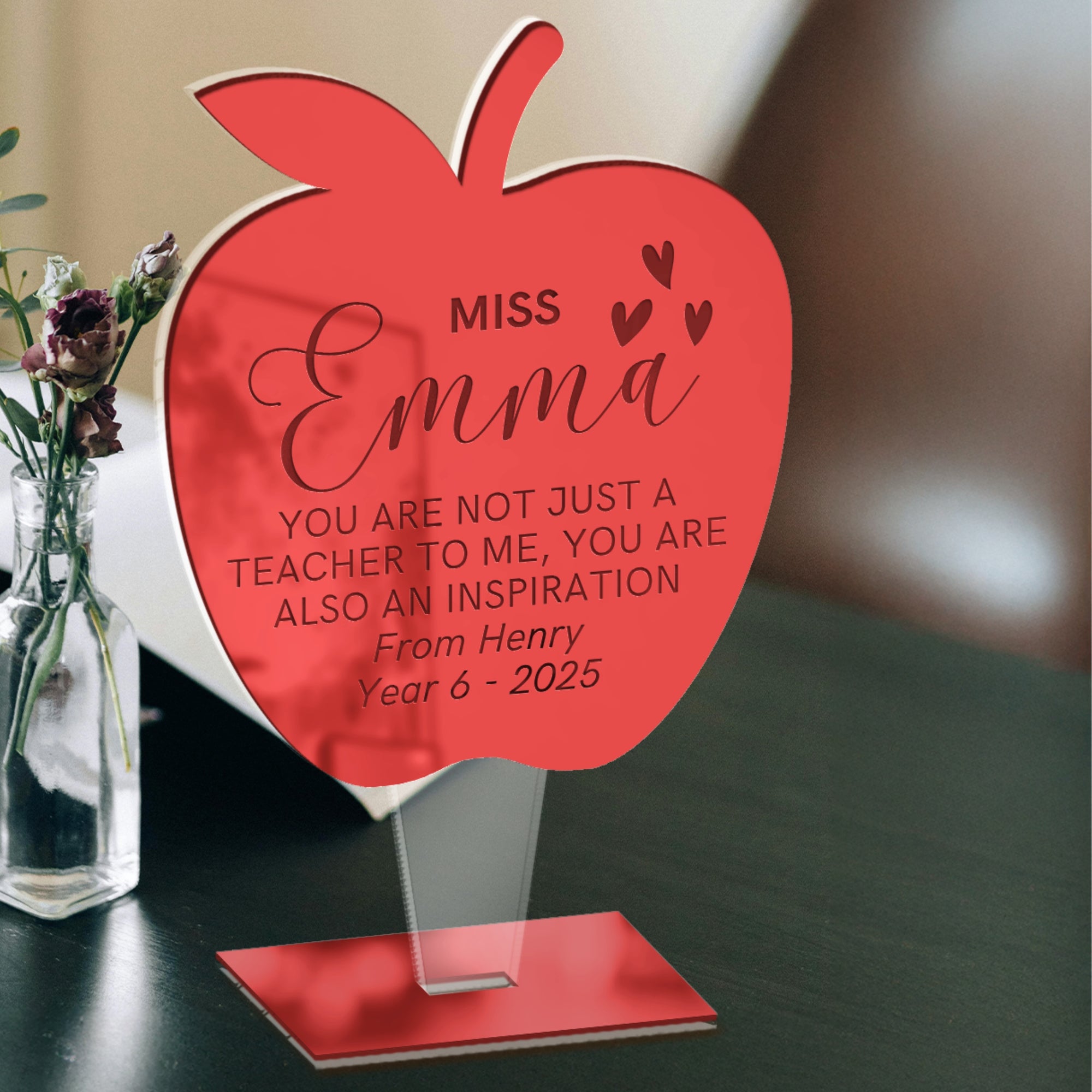 Personalised 3D Apple Award Plaque/ Custom Engraved Acrylic School Graduate Teacher Trophy, Sport Coach, Mentor Keepsake Xmas Corporate Gift