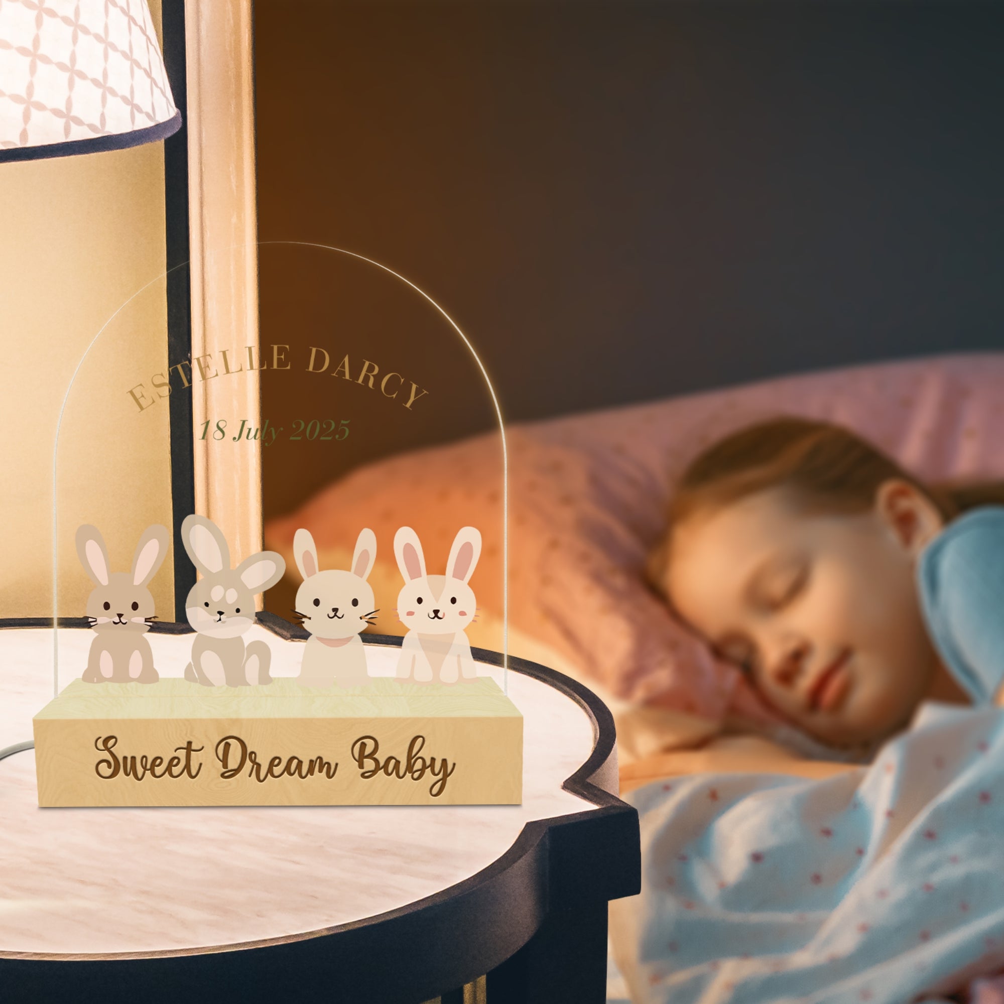 Personalised 3D Bunny Kid LED Night Light, Custom Baby Name &amp; Rabbit Wood Acrylic Print Table Lamp, First Birthday, Nursery, Kid Easter Gift