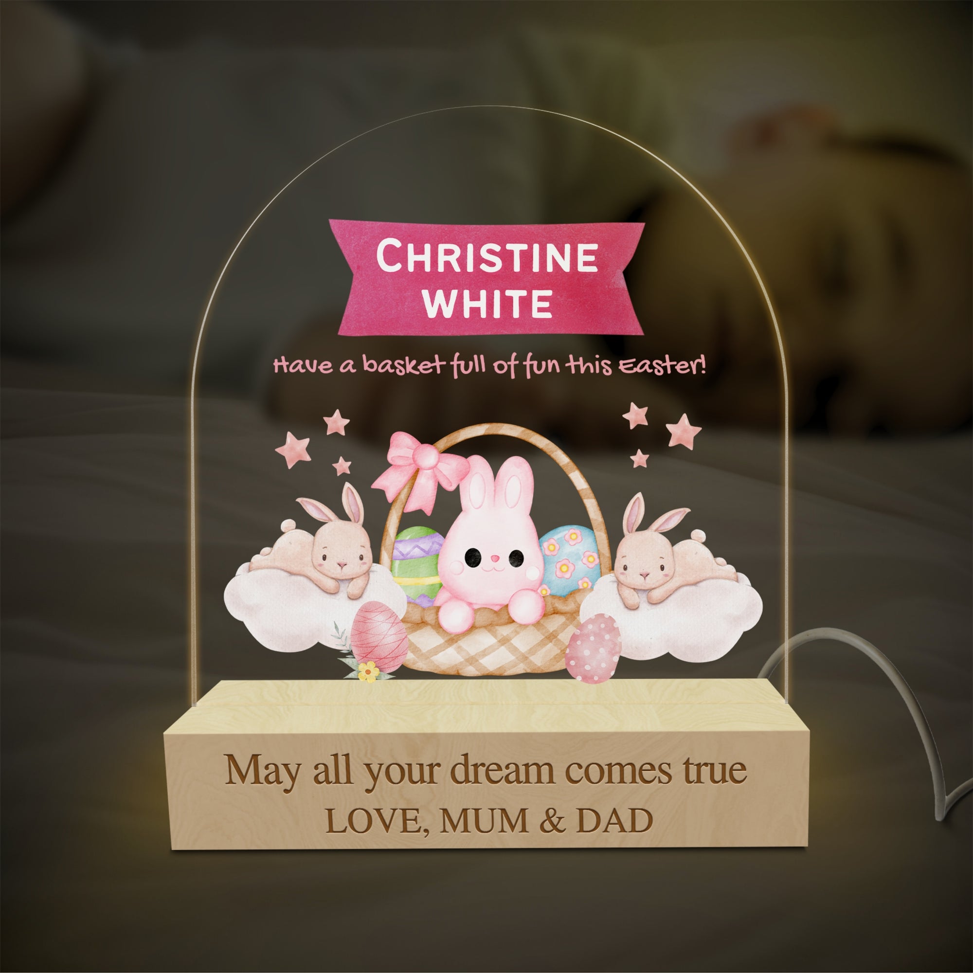 Personalised 3D Bunny Kid LED Night Light, Custom Baby Name &amp; Rabbit Wood Acrylic Print Table Lamp, First Birthday, Nursery, Kid Easter Gift