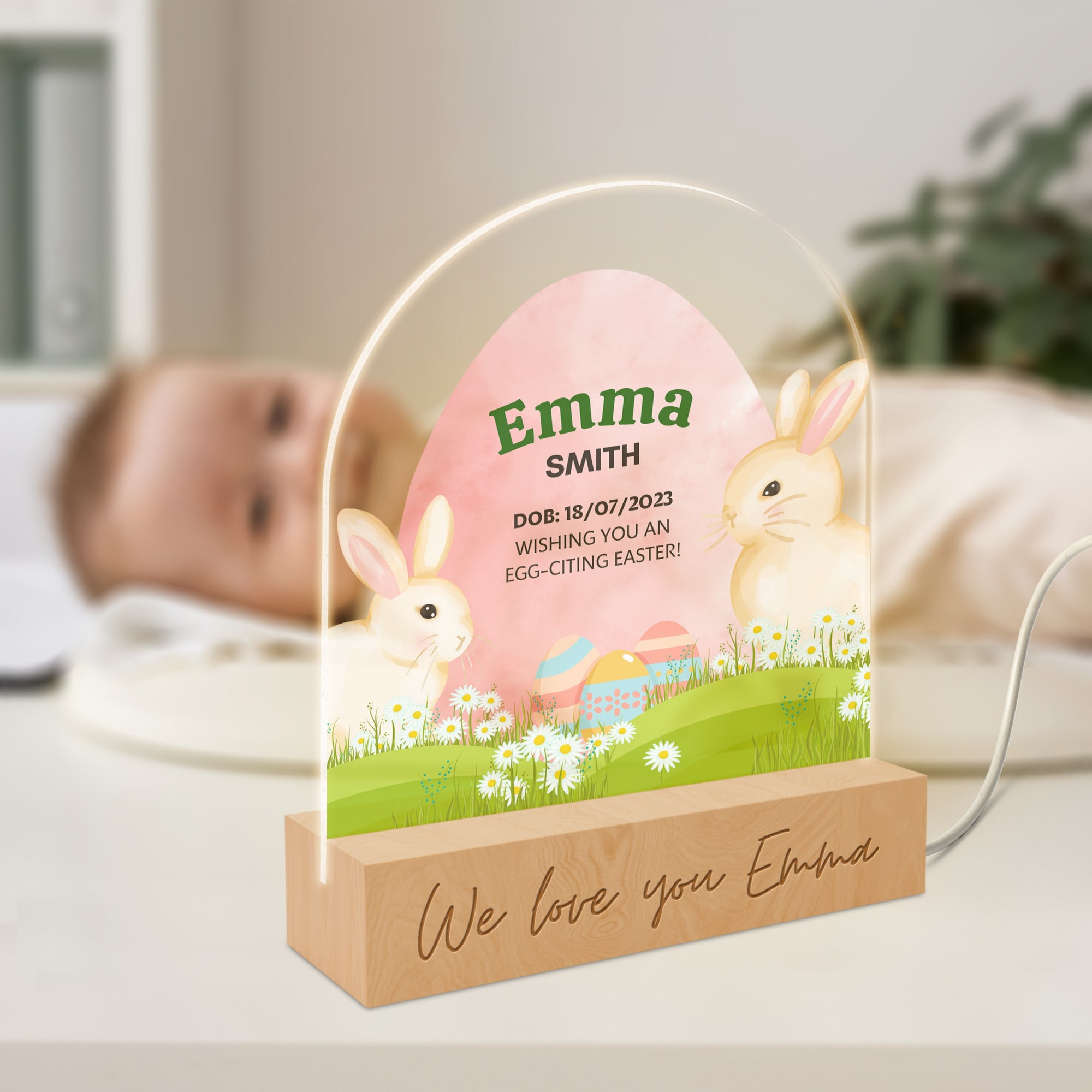 Personalised 3D Bunny Kid LED Night Light, Custom Baby Name &amp; Rabbit Wood Acrylic Print Table Lamp, First Birthday, Nursery, Kid Easter Gift