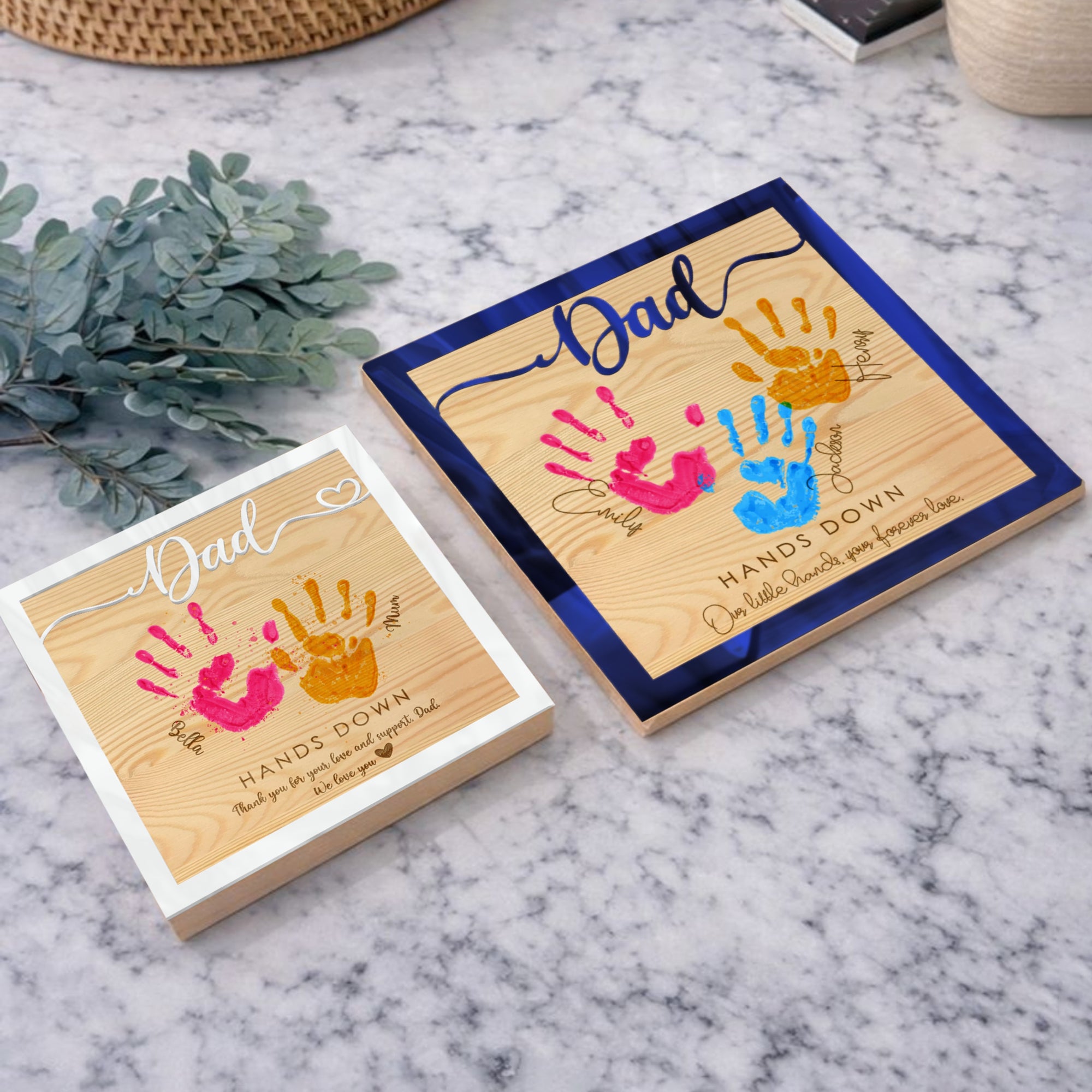 Personalised 3D “Hands Down” Dad Handprint on Engraved Wooden Block Sign, Father's Day Gift, Daddy Birthday Plaque, Grandad Memory Keepsake