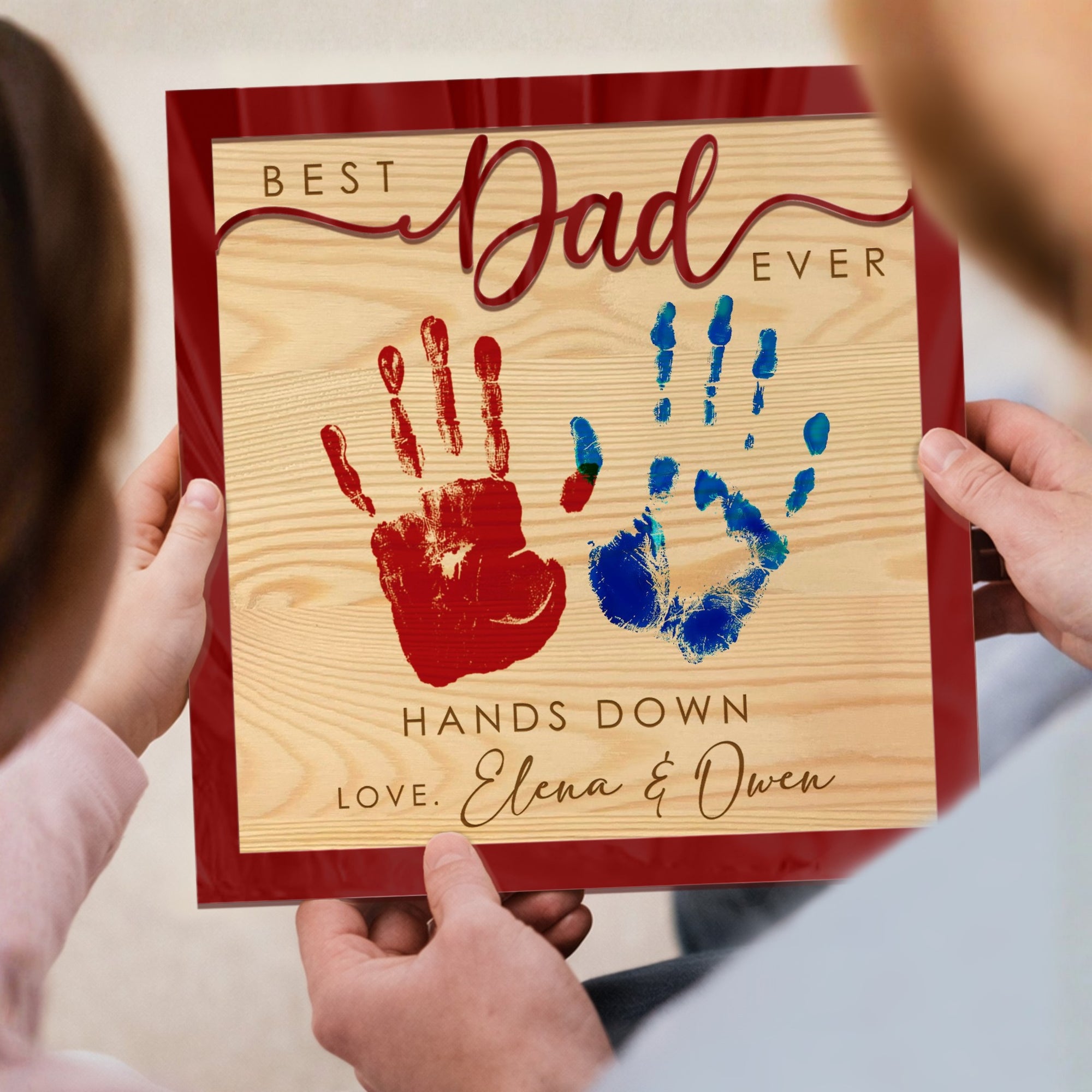 Personalised 3D “Hands Down” Dad Handprint on Engraved Wooden Block Sign, Father's Day Gift, Daddy Birthday Plaque, Grandad Memory Keepsake