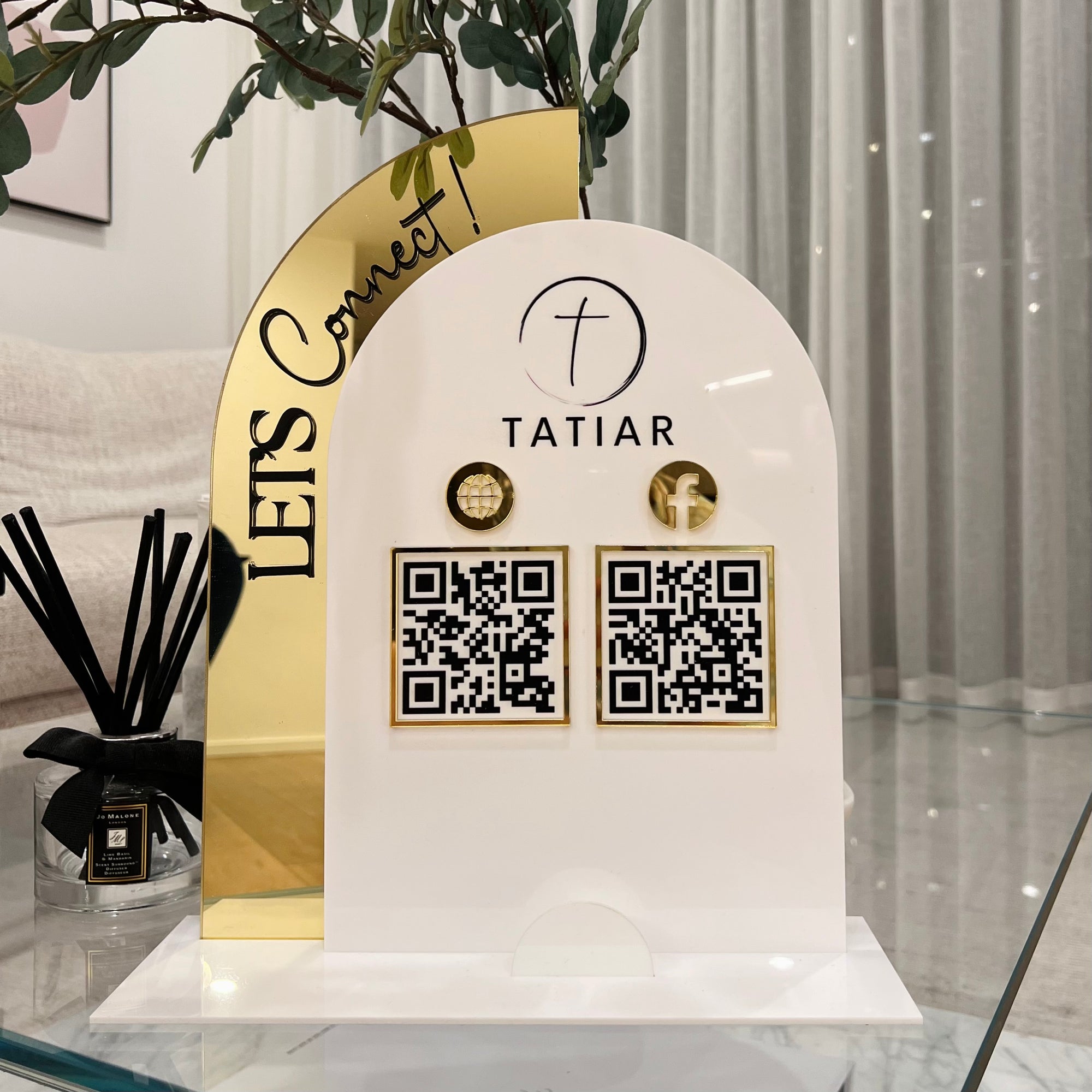 Personalised 3D Raised Acrylic Arch QR Code Social Connect Business Sign &amp; Card Holder, Custom Spa, Beauty, Cafe, Reception Display Signage