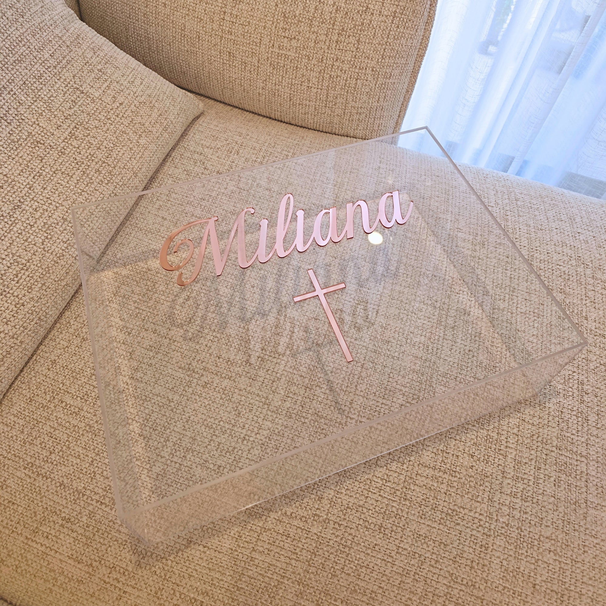 Personalised 3D Raised Acrylic Clear Christening Box, Custom Made Transparent Baptism Memory Box, First Birthday, Baby Shower Keepsake Gift