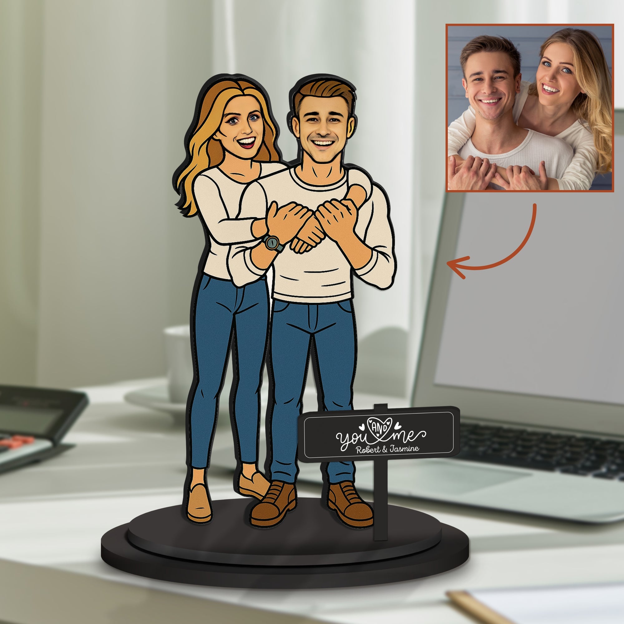 Personalised 3D Wooden Cartoon Couple Figurine Display, Custom Print Photo Portrait Caricature Home Decor, Birthday, Anniversary, Xmas Gift