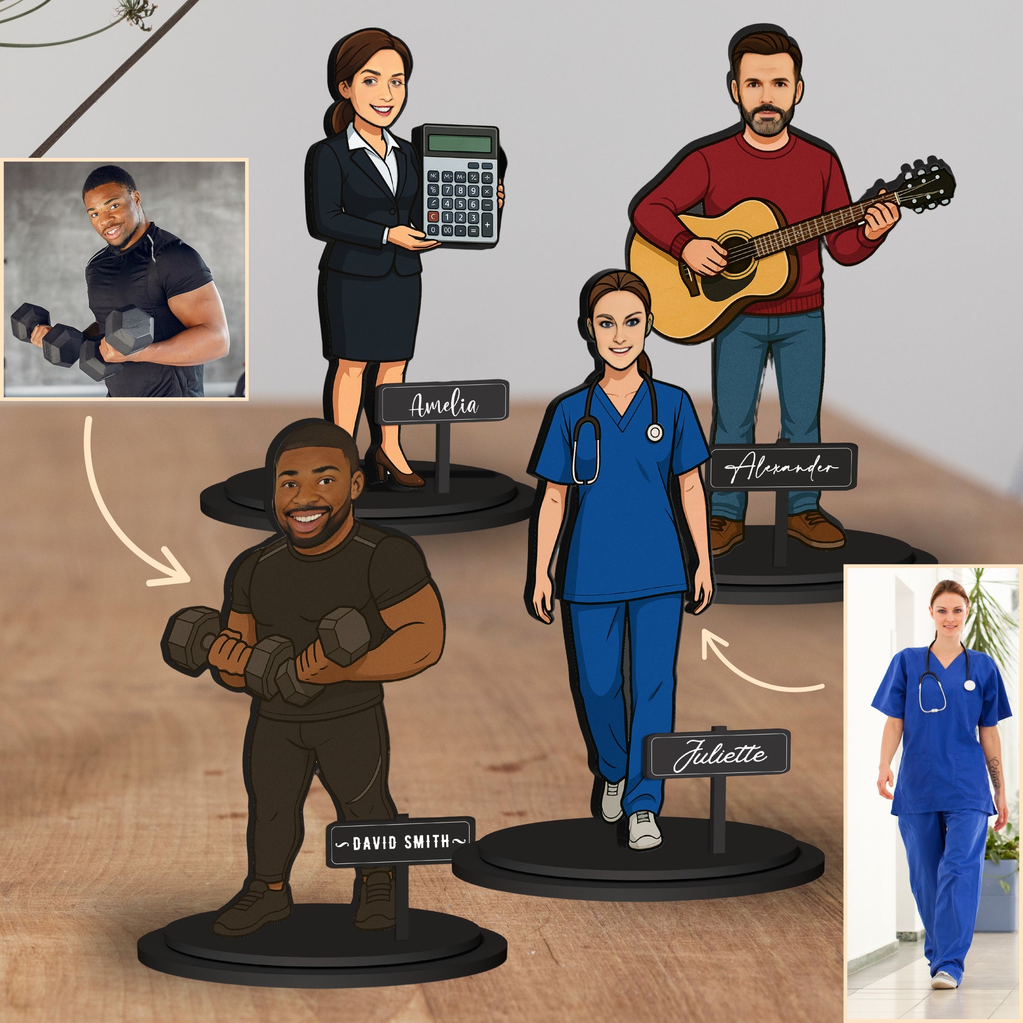Personalised 3D Wooden Cartoon Profession Figurine Display, Custom Print Photo Portrait Hobby Caricature Home Decor, New Job, Christmas Gift
